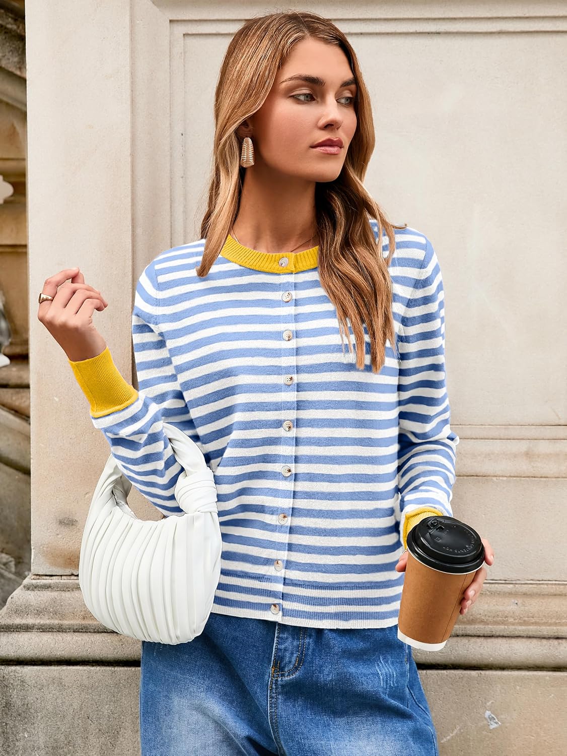 Glamaker Women's Striped Fall Cardigan Sweater Cropped Button Down Knit Long Sleeve Crewneck Fashion Cardigans - Image 8