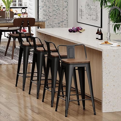 Miniatura 7 de Yongchuang - Juego de 4 taburetes de bar de 30 pulgadas, de altura de barra, de metal con asiento de madera y respaldo bajo, sillas de bar de Negro