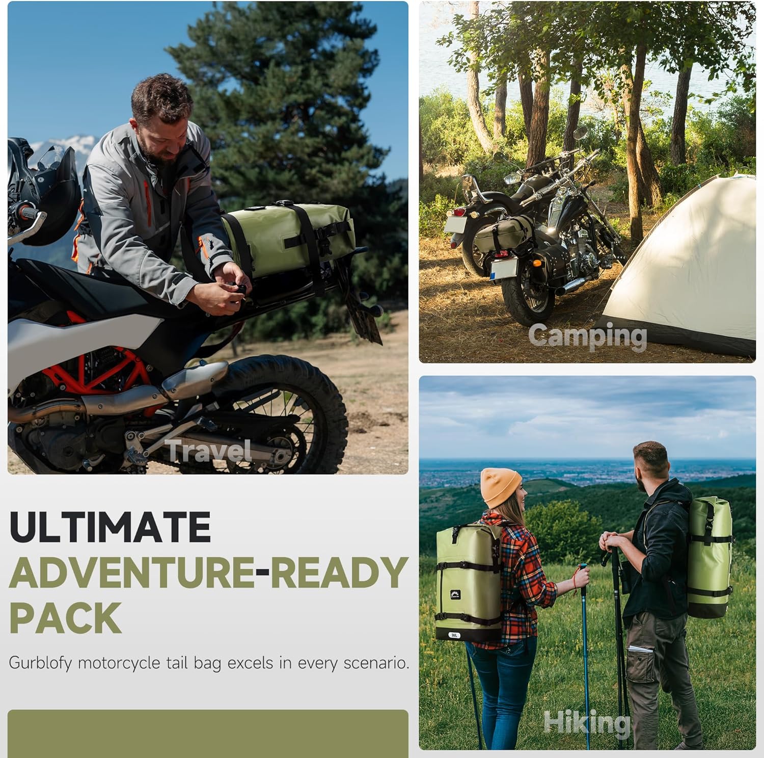 Motorcycle Saddle Bag, 30L Waterproof Motorcycle Tail Bag, 2 Size and 3 Color Options Travel Bag, PVC Bag, Rear Seat Bag, Field Green GT-30GN - Image 3