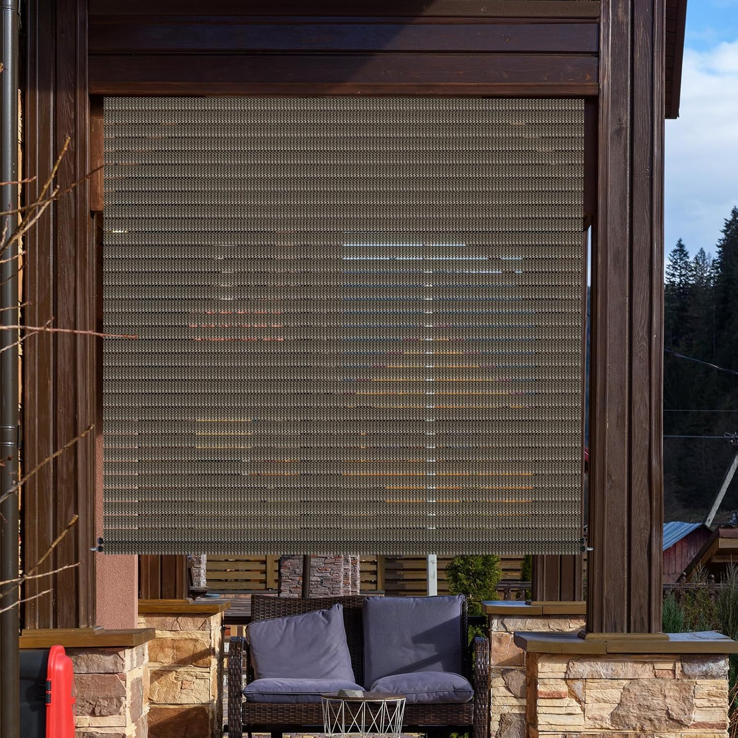 ECOOPTS 5'W x 5'10"L Outdoor Roller Shade, Striped Hollow Out Roll Up Shade Blind for Patio, Porch, Back Yard, Gazebo, Deck, Balcony (Brown)