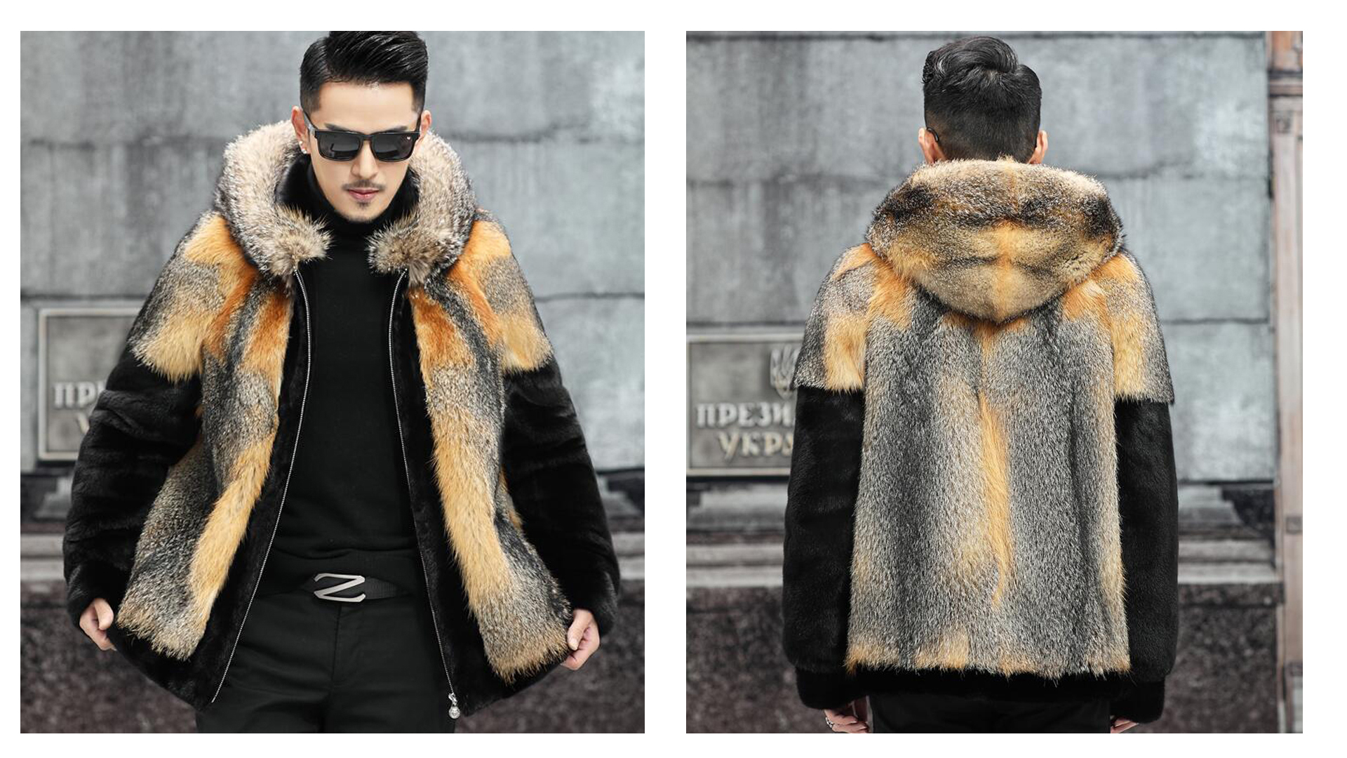 Denny&Dora Mens Fox Fur Coat Fashion Fox Fur Coat Hooded Short