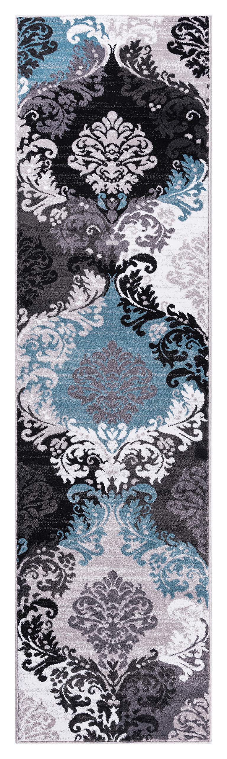 GAD Premium Indoor Contemporary Abstract Area Rug (2'2"x 7'10" Runner) Blue, Grey & Black Modern Living Room Rug - Hallway, High Traffic Inside Rug - Stain & Fade Resistant