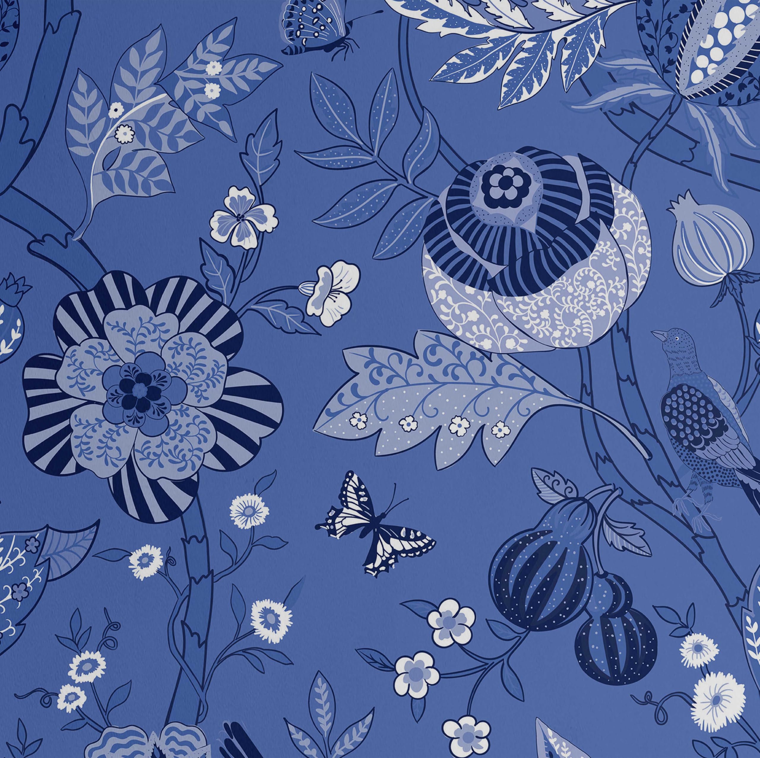 Papier peint fleurs et oiseaux S4Sassy bleu 63x152 cm en vinyle autocollant