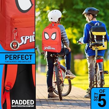 Marvel School Bag Set, 5 Piece Set with Backpack, Drawstring Bag, Pencil Case, Water Bottle & Keyring - Boys Gifts (Red Spiderman)