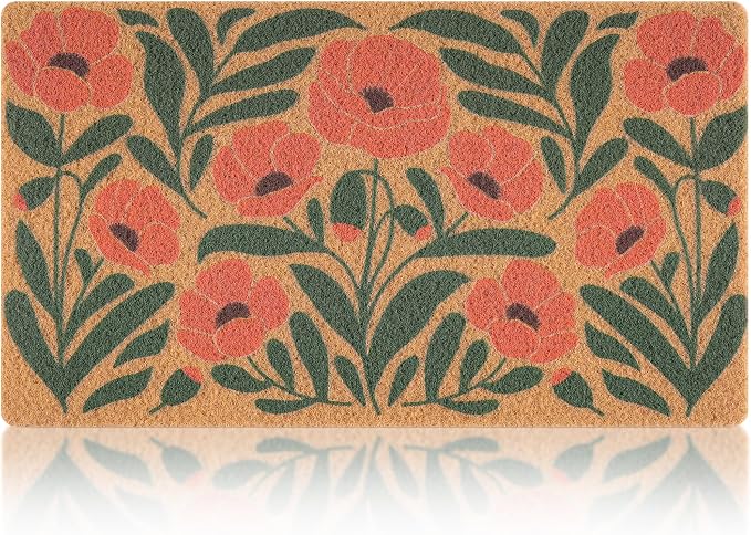 Spring Door Mat for Front Door, Welcome Matt Outdoor with California Poppies Design, Cute Boho Doormat Indoor Entrance, Perfect for Spring Porch Decor, 17" x 29.5" - Orange