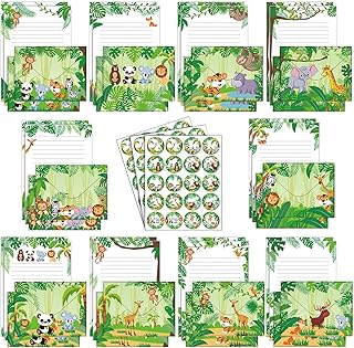 TaoBary 160 Pcs Stationery Paper Set 50 Double Sided Stationery Papers with 50 Matching Envelopes and 60 Round Dot Sticker, 10 Design(Safari Animal,5.5 x 8.25 Inch)