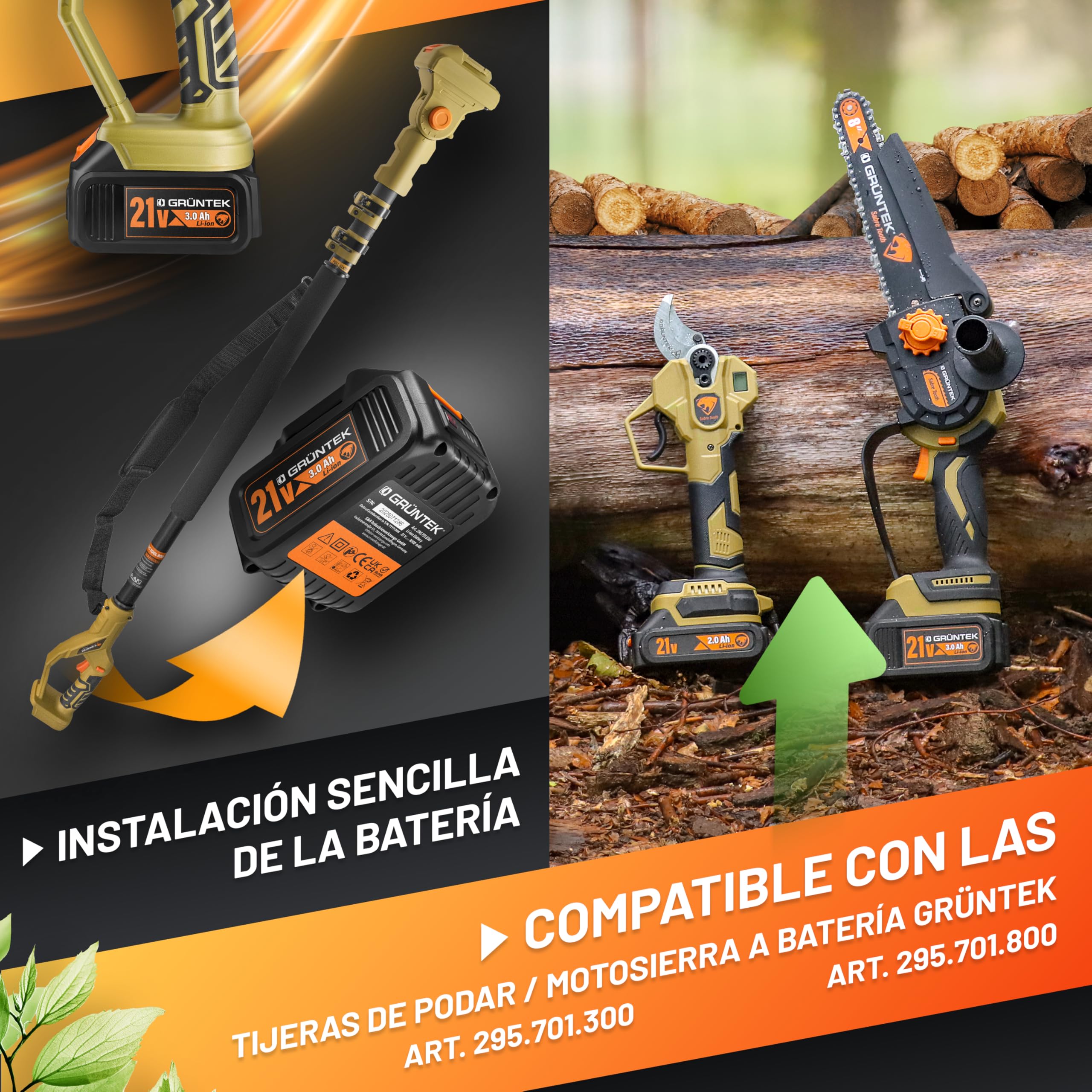 GRÜNTEK Pértiga Telescópica – Mini Motosierra Batería Telescópica y Asta Tijera de Podar Eléctrica (solo GRÜNTEK) – Pertiga Motosierra Eléctrica 135-250 cm para Corte y Poda de Ramas en Altura