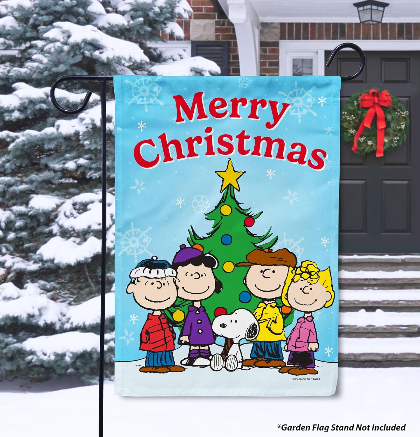Flagology, PEANUTS® Merry Christmas Snoopy and the Gang Garden Flag 12" x 18", Holiday Outdoor Flag, Exclusive Premium Fabric, Officially Licensed PEANUTS® Christmas Décor