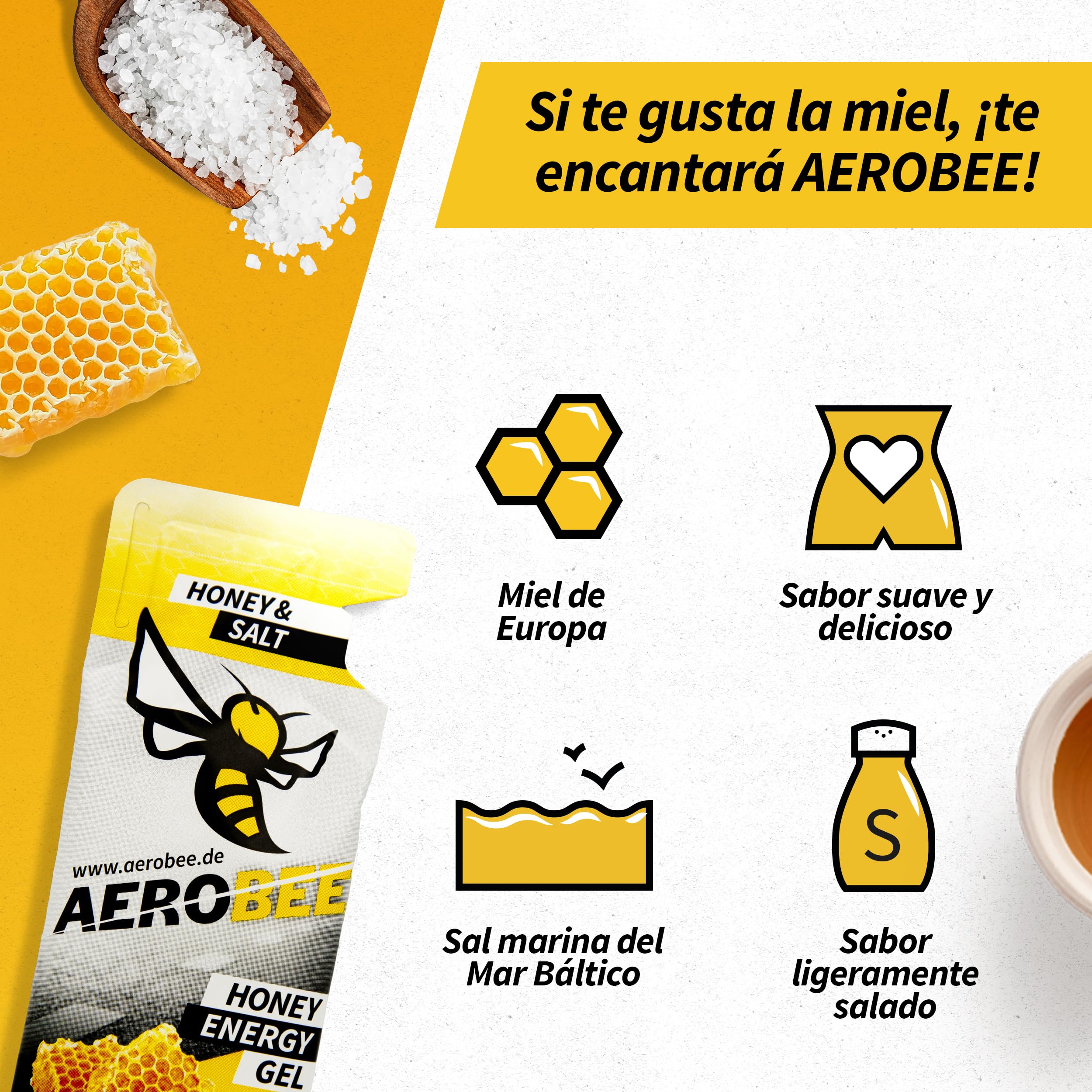 AEROBEE Energy Gel Classic - Sabor a Miel y Sal 10x26g [Energético 100% natural de miel] Gel deportivo para ciclismo, running, maratón, y deportes de resistencia. Suplementos deportivos