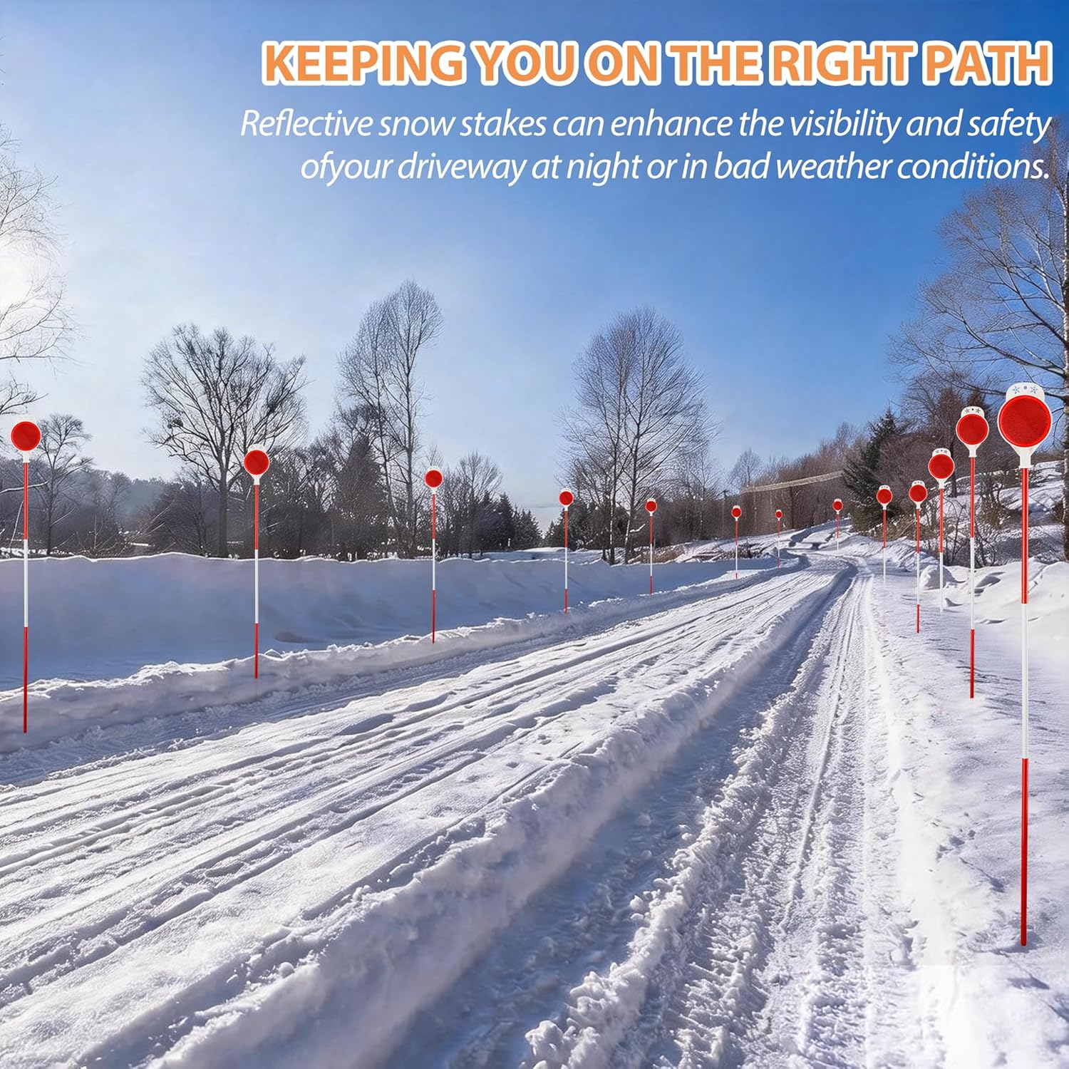 Driveway Markers Reflectors, 8-pack High Visibility Reflective Snow Stakes for Driveway Entrance, Easy Install Drill Bit, Double Sided Reflectors on Poles 48 inch, Yard Winter Stick for Snowplow, Road