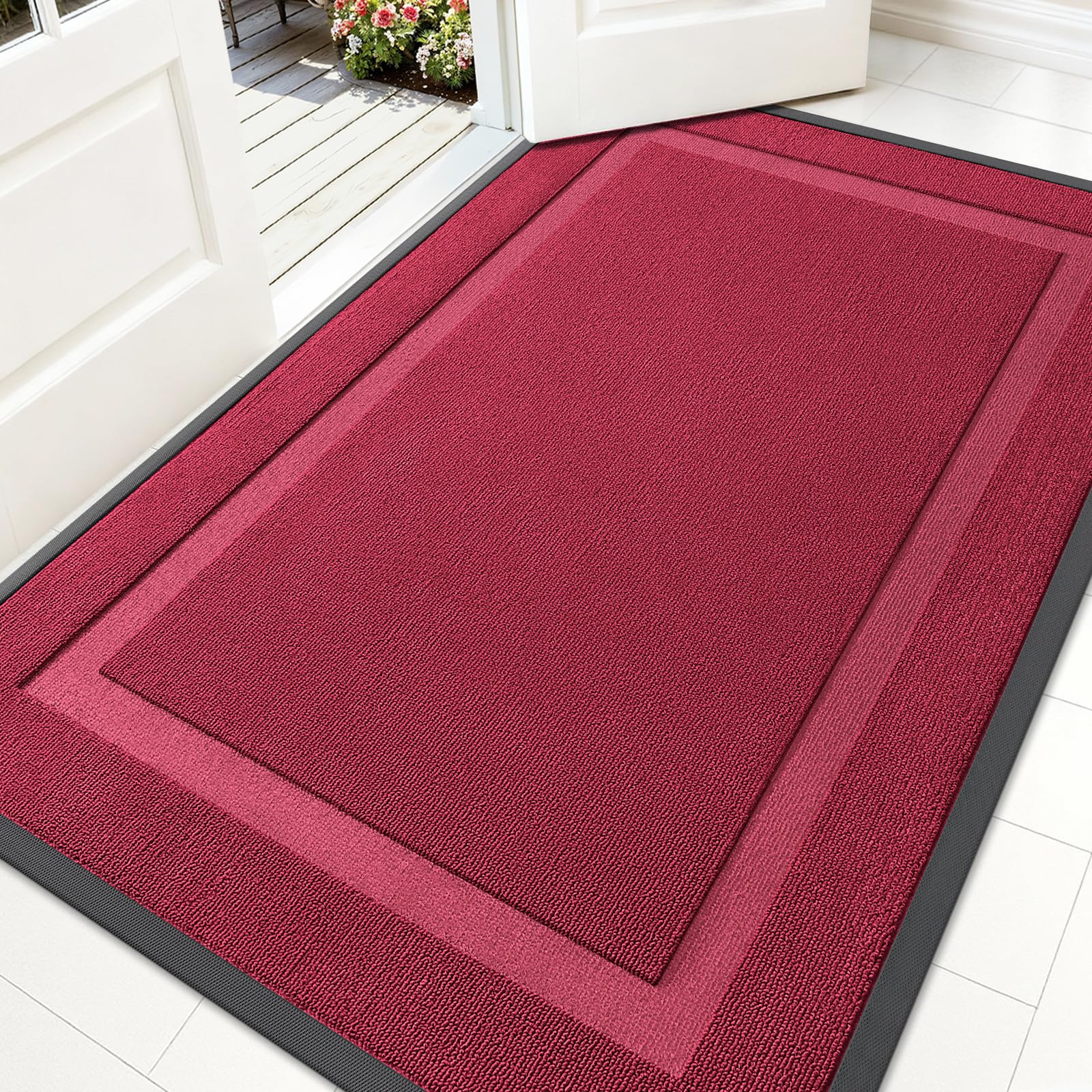 OLANLY Front Door Mat Outside 71x47, All-Season Heavy-Duty Rubber Doormat | Burgundy, Absorbent, Stain and Fade Resistant, Waterproof Non-Slip Backing, Low-Profile Indoor Outdoor Floor Mat for Entryway
