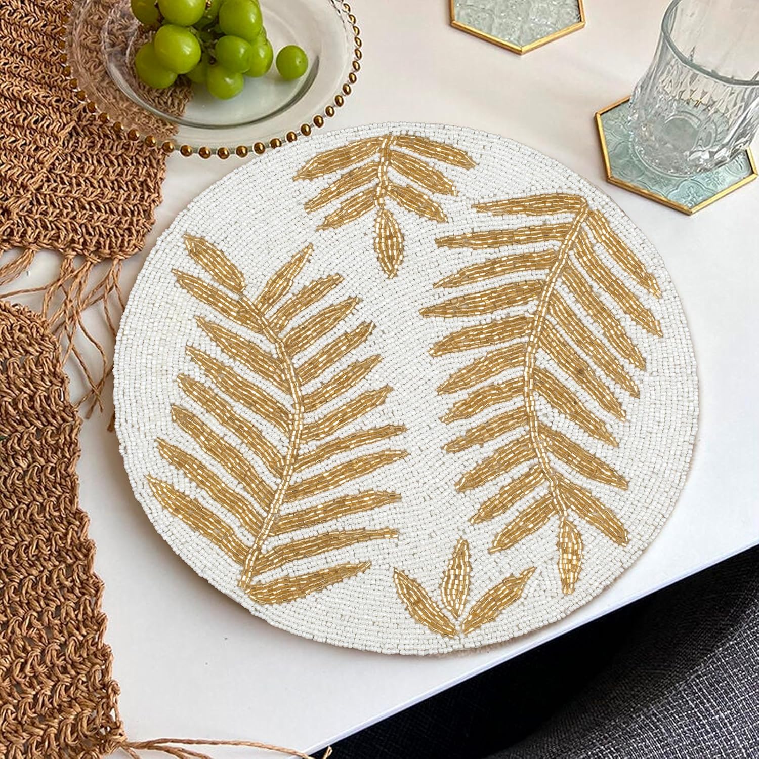 Beaded Placemats for Dining Table - Pack of 2 Measure 13 Inches Beaded Placemats Round for Gathering, Occasional Decoration and Family Parties Celebrations - Off White/Gold