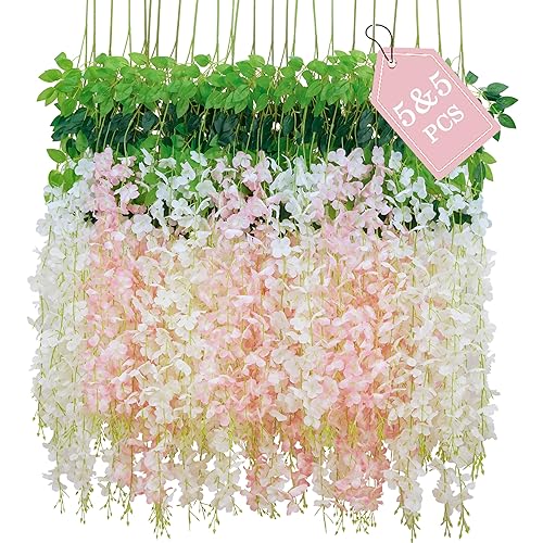 BLEUM CADE 10Pcs White & Pink Fake Wisteria Hanging Flowers,
