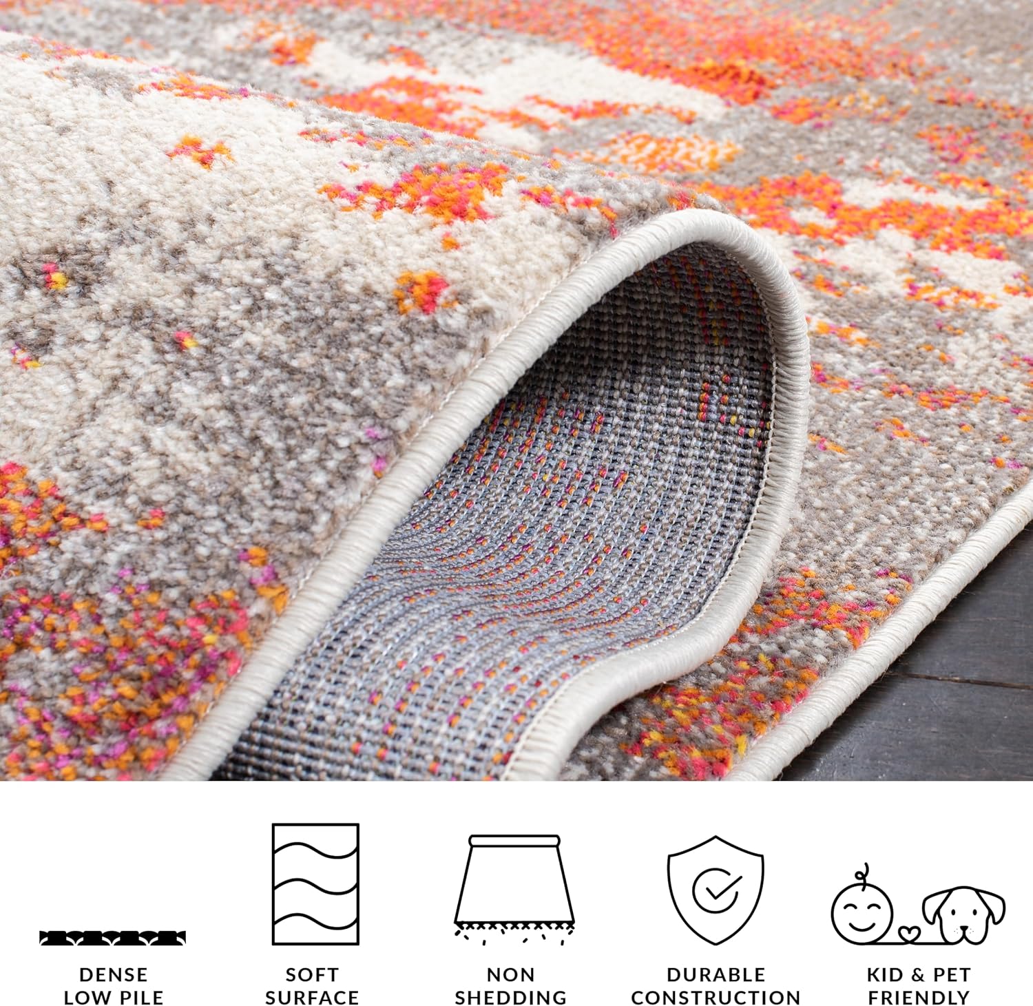 SAFAVIEH Madison Collection Area Rug - 5' Square, Grey & Orange, Boho Abstract Design, Non-Shedding & Easy Care, Ideal for High Traffic Areas in Living Room, Bedroom (MAD440G)