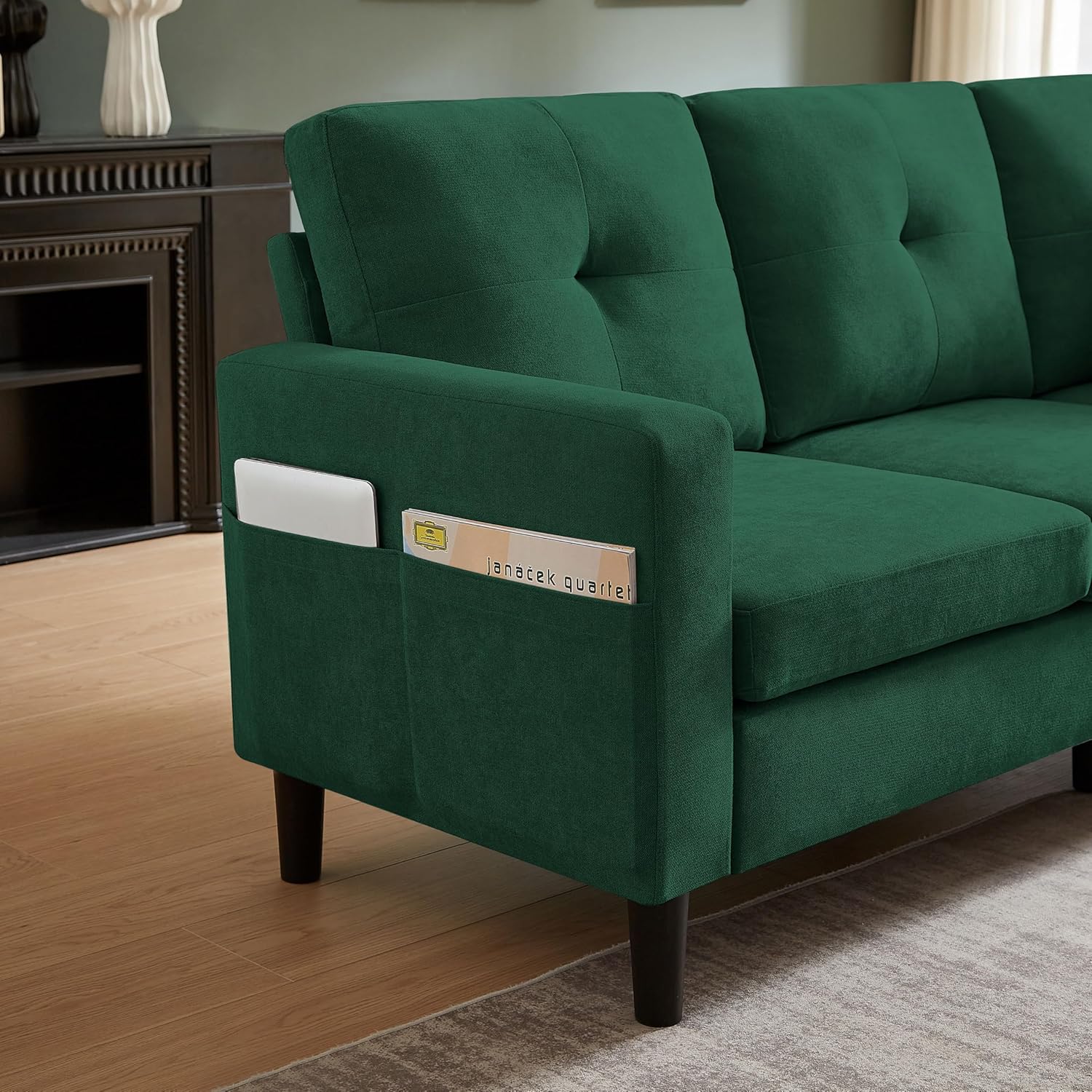 Close-up of the Soscana sectional sofa's armrest with a built-in side storage pocket
