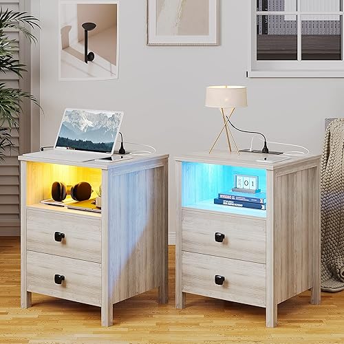 HNEBC Juego de 2 mesitas de noche con luces LED, mesita de noche con estación de carga, mesita de noche de madera con 2 interfaces USB y mesa