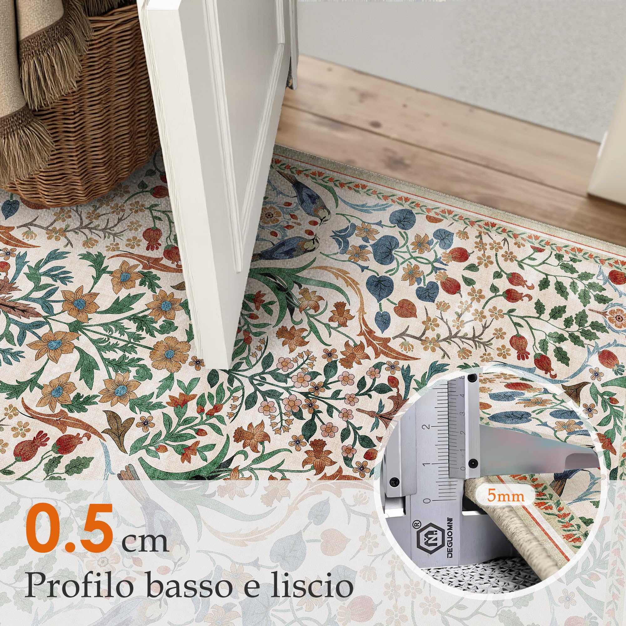 PureCozy Tappeto Corridoio 60x240cm Floreale Pelo Corto Antiscivolo Morbido Retro Lavabile Tappeti per Cucina Corridoio Piedi Del Letto Camera Da Letto Salotto Beige Rug