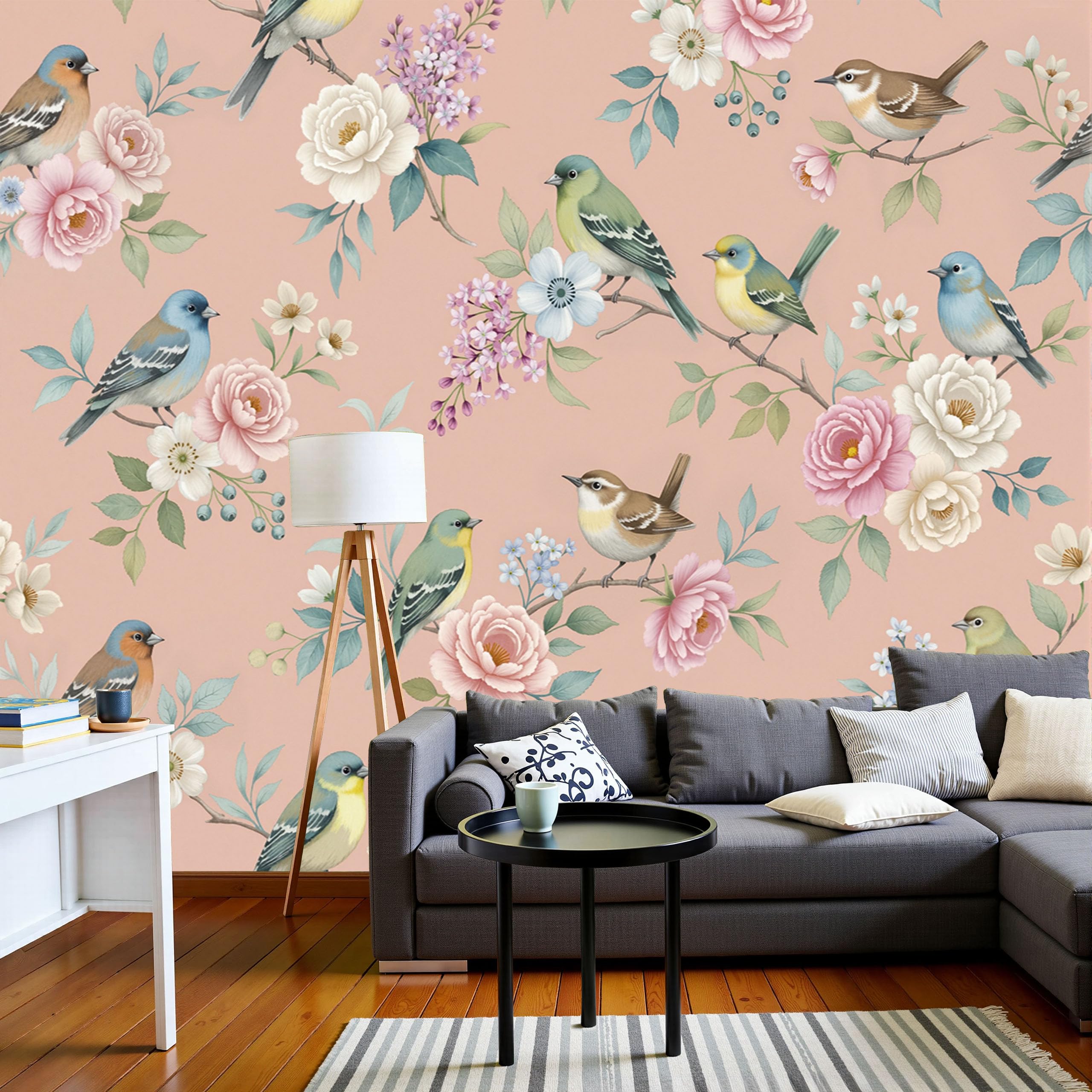 Papier peint panoramique oiseaux vintage pastel pour chambre enfant