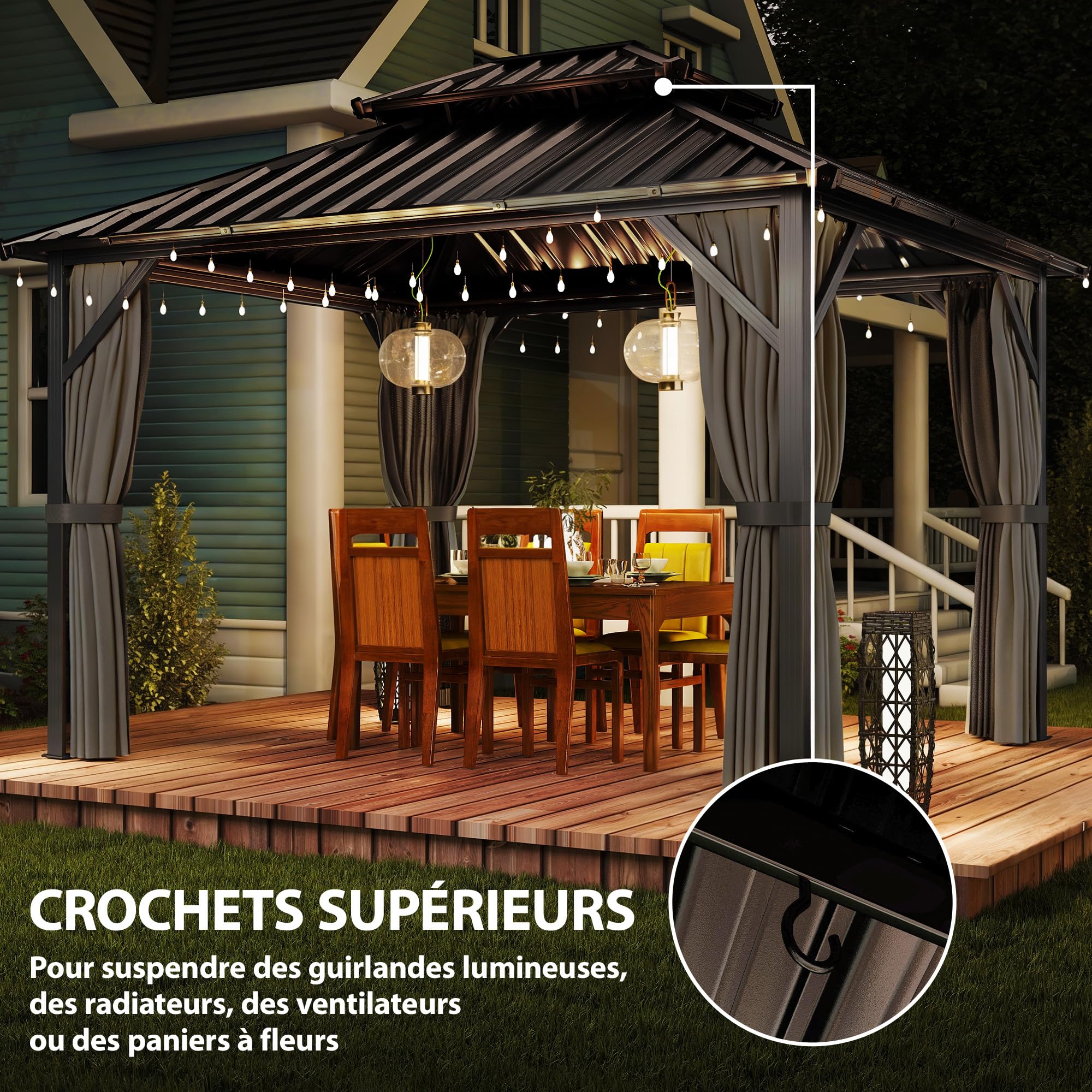 Outsunny Pavillon 3 x 3,6 m Toit Rigide Acier Galvanisé UPF50+ Gris Foncé