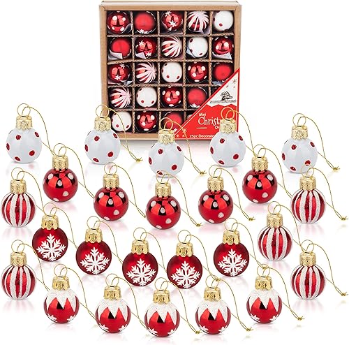Juego de 25 bolas de cristal de menta roja y blanca de 1 pulgada, adornos de árbol de Navidad en miniatura, decoraciones rústicas de Navidad, mini