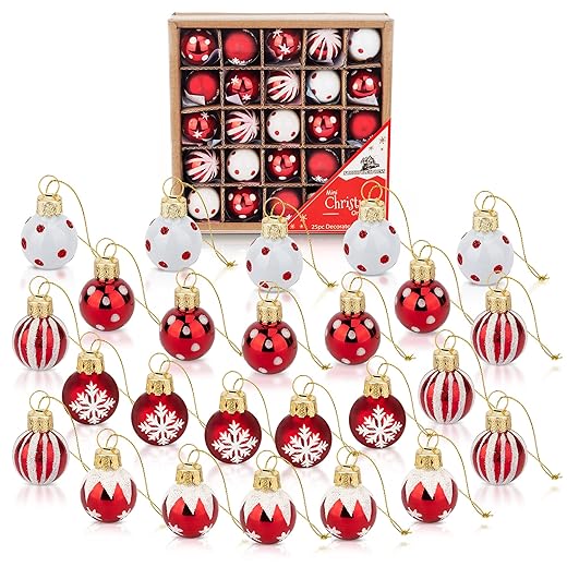 1 Inch Mini Red & White Peppermint Glass Ball Christmas Ornaments Set of 25 Balls | Miniature Christmas Tree Ornaments | Rustic Christmas Decorations | Mini Christmas Tree Decorations for Small Trees