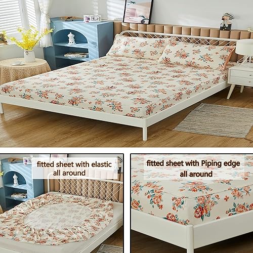 Miniatura 10 de FADFAY Juego de sábanas de rosas tamaño matrimonial, elegante juego de sábanas florales beige vintage, ropa de cama de casa de campo de peonía 100%