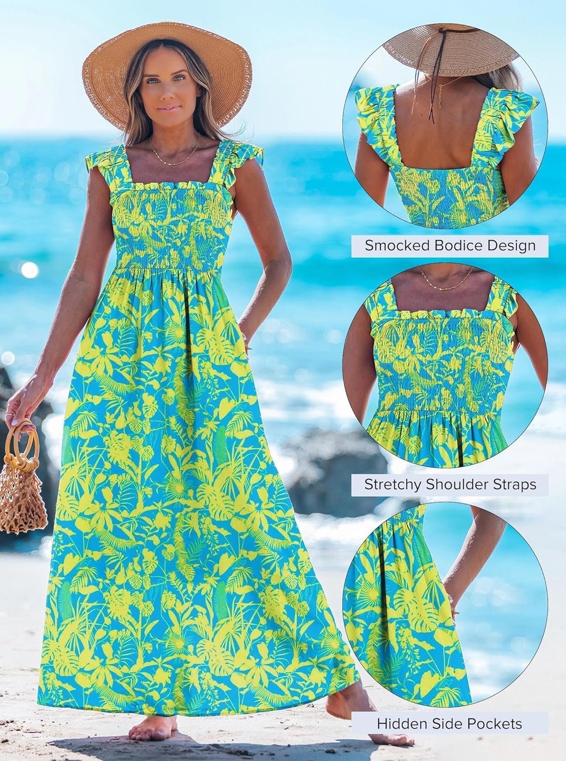 popvil Women Maxi Dress 2026 Spring Spaghetti Strap Summer Long Boho A-Line Flowy Dress Casual Sleeveless Sun Beach Dress - Image 4