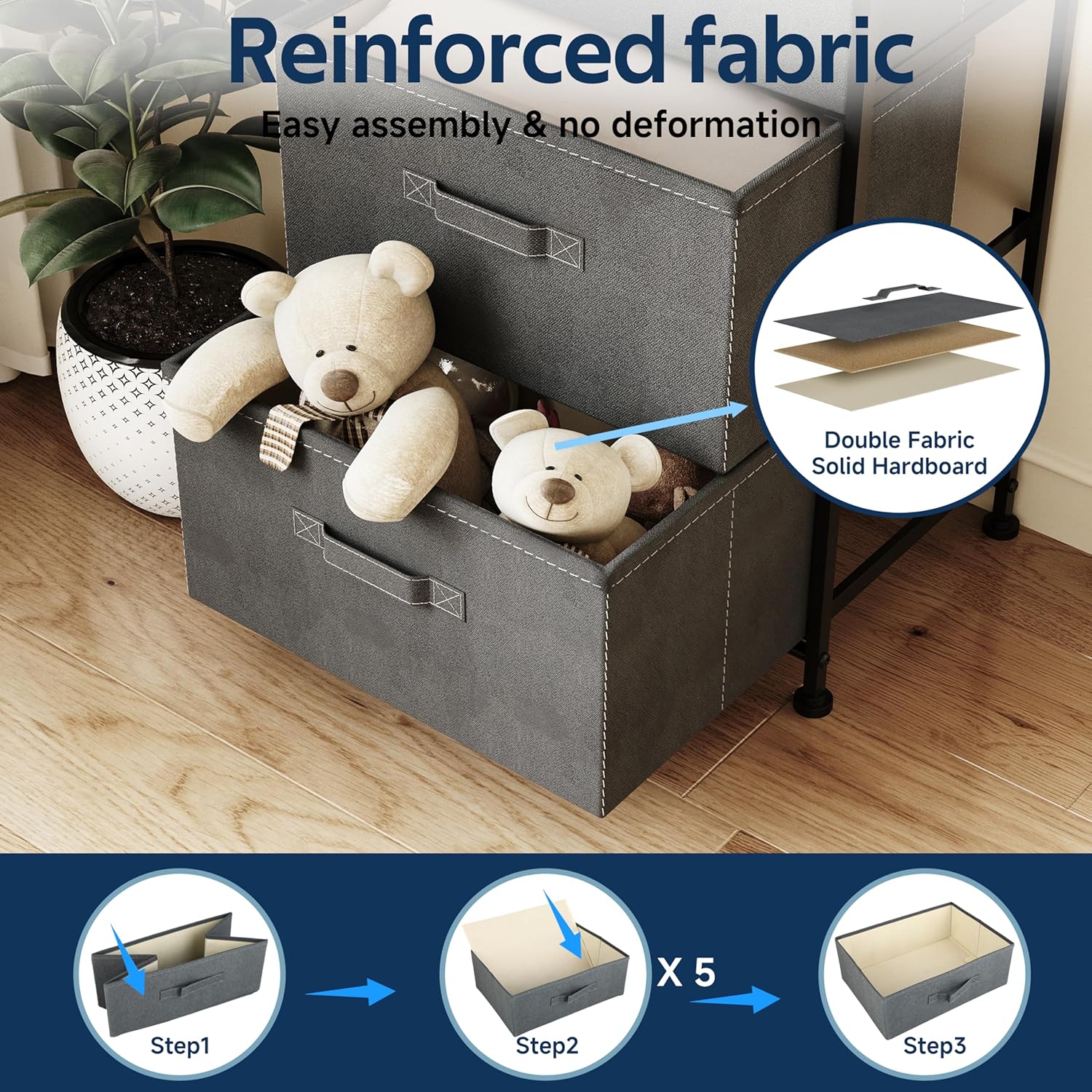 Whitmor Dresser for Bedroom, 5 Drawer Fabric Dresser, Chest of Drawers with Removable Fabric Drawer,37" Tall Wood Storage Organizer with Sturdy Steel Frame, 16.7" Lx 11.7" W x 37.2" H, Gray