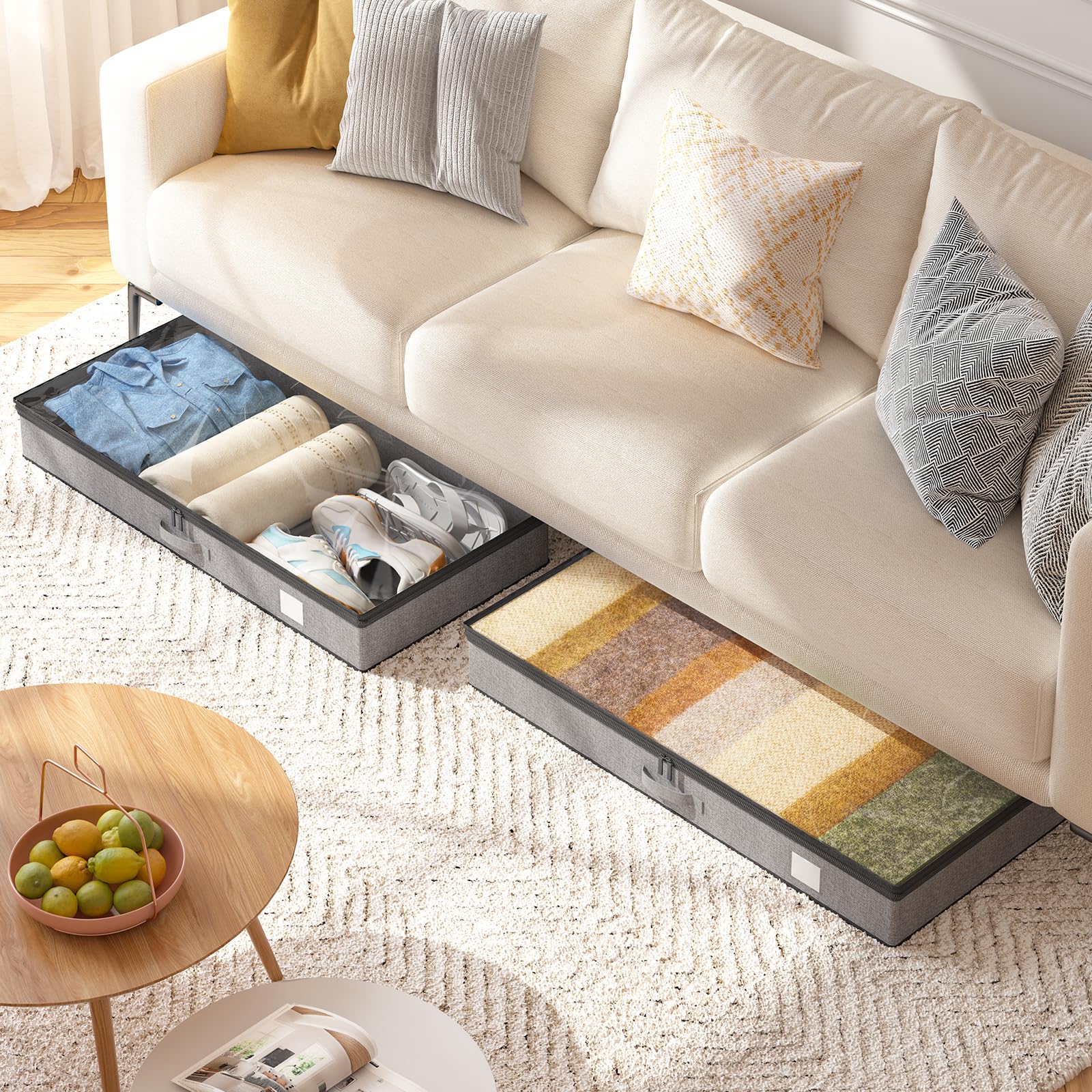 punemi Confezione da 2 contenitori portaoggetti sotto il letto, alti 17 cm, organizer per vestiti sotto il letto, con pareti laterali robuste, contenitori portaoggetti sotto il letto, 2 contenitori