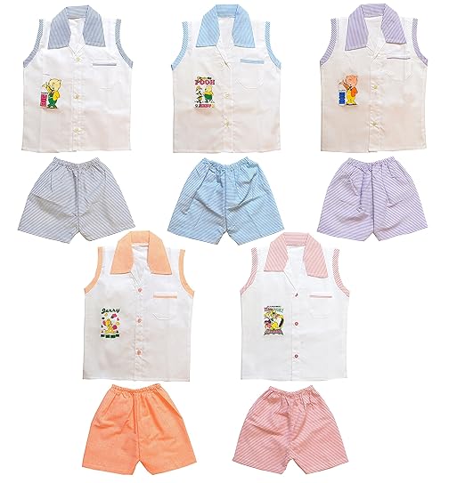 Sathiyas Baby Boys Cotton Sleveless Top and Striped Drawers Pack of 5 Sets (Multicolor, 6-12 Months)