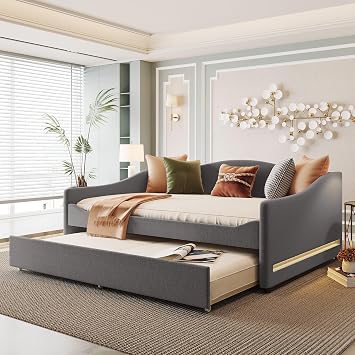 Full Size Upholstered Daybed with Twin Size Trundle and LED Light, Comfy Teddy Fleece Corner Day Bed Frame, Modern Sofa Bed Frame with Wood Slats for Living Room, Bedroom, Gray