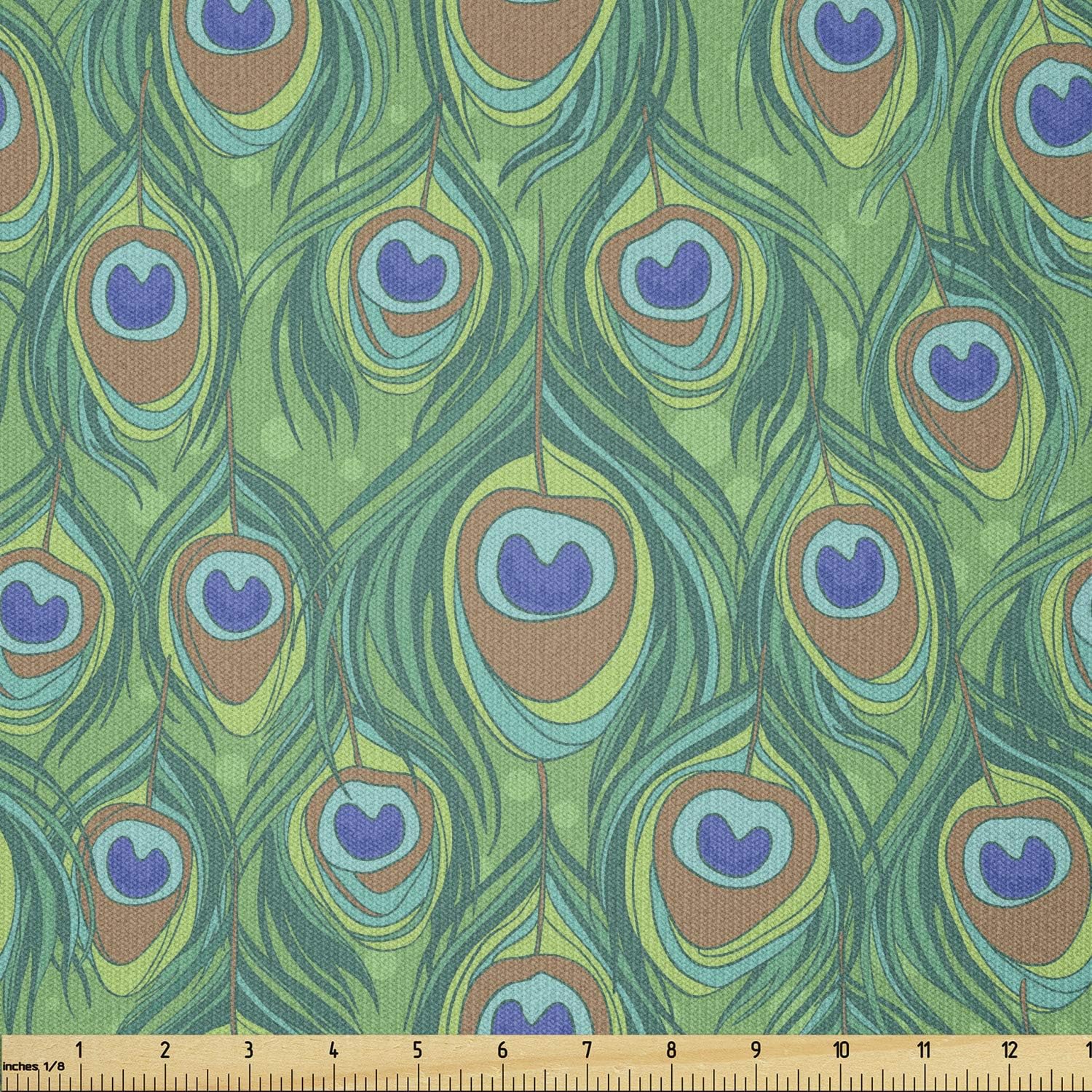 Ambesonne Feather Fabric by The Yard, Peacock Feathers Peafowl Eastern Boho Positive Design, Stretch Knit Fabric for Clothing Sewing and Arts Crafts, 5 Yards, Jade Green Caramel Blue