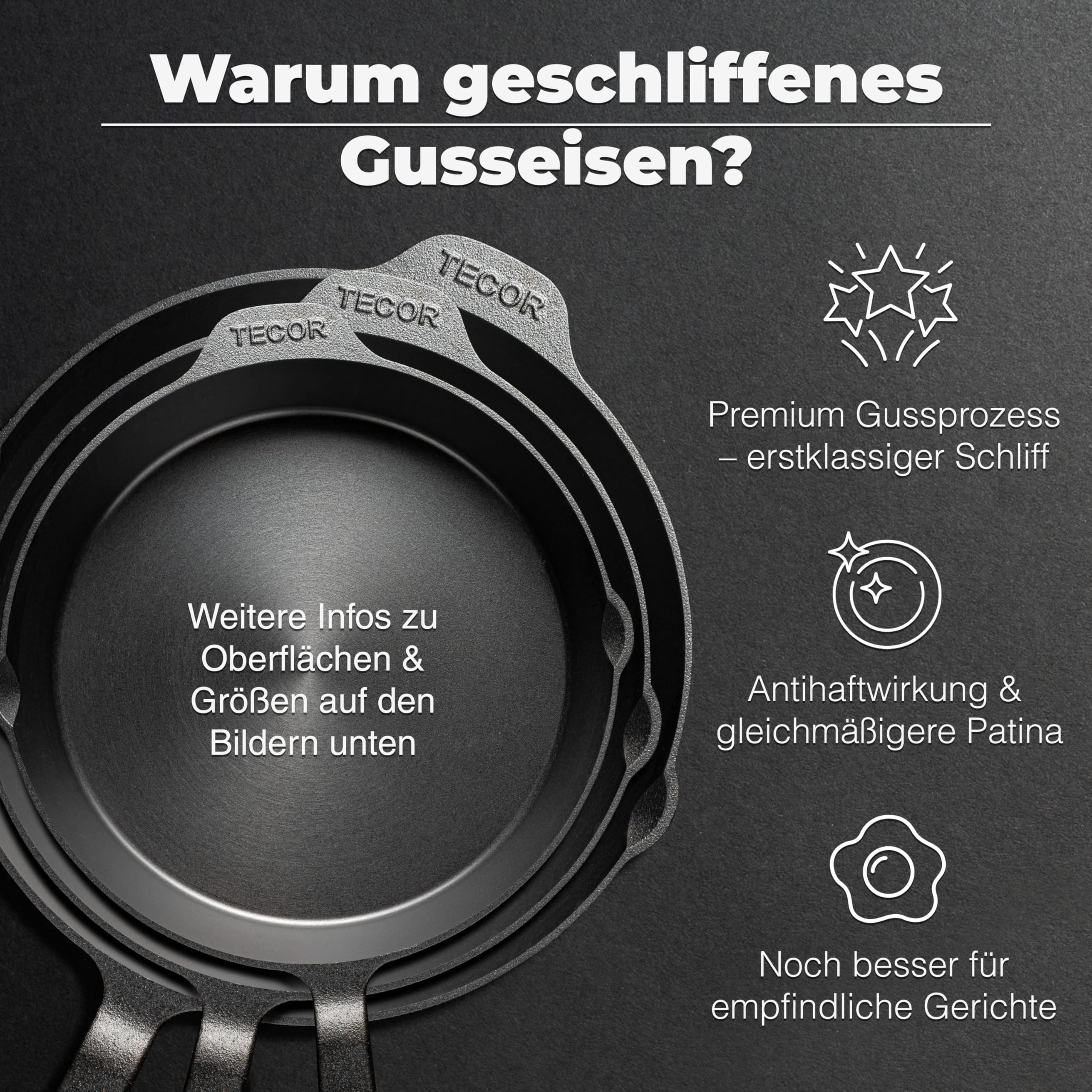 TECOR Gusseisenpfanne Induktion 28 cm geschliffen, universell, natürlich - Langlebige Pfanne Gusseisen induktion - Antihaft Gusspfanne induktion 28 cm einfach top Qualität - Cast iron pan induction