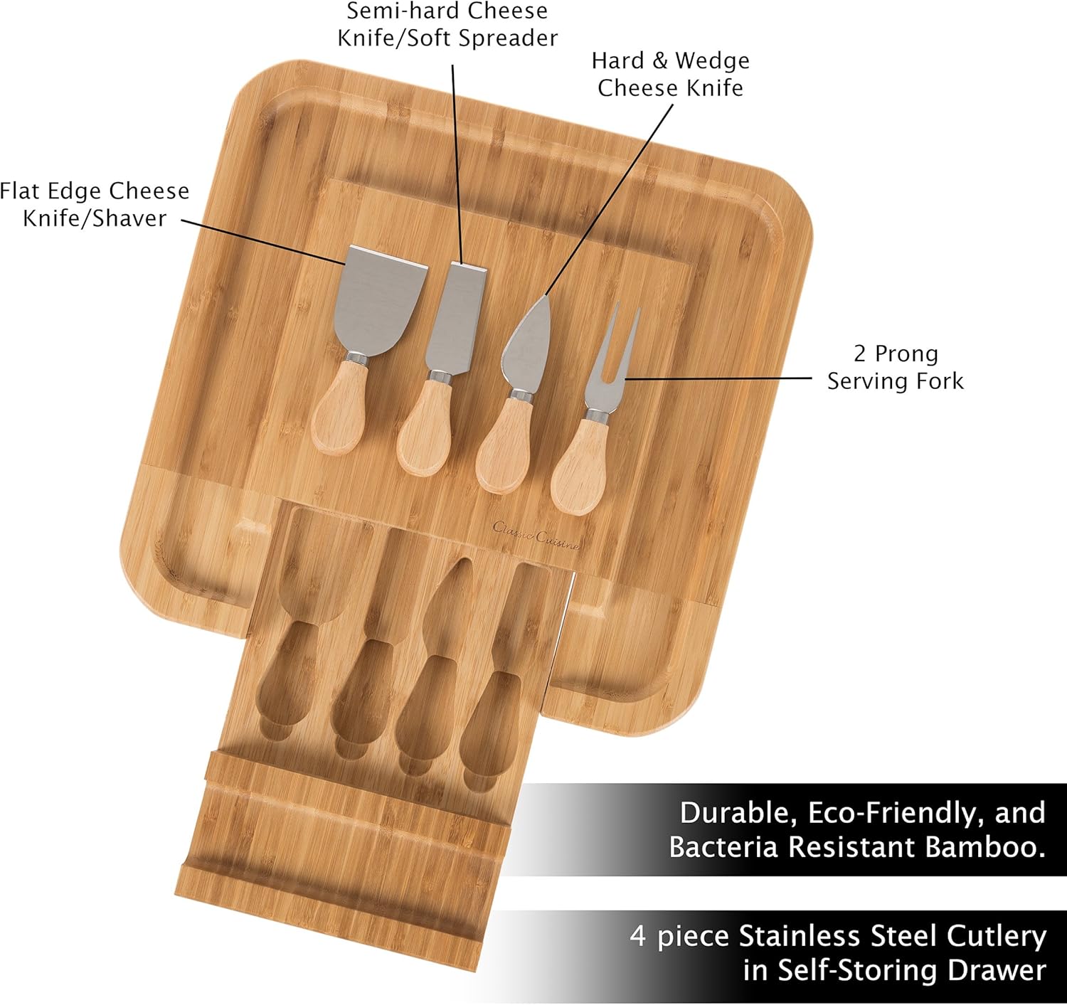 Bamboo Cheese Serving Tray - Eco-Friendly Charcuterie Board with 4-Piece Stainless-Steel Cutlery Set and Storage Drawer by Classic Cuisine (Tan)