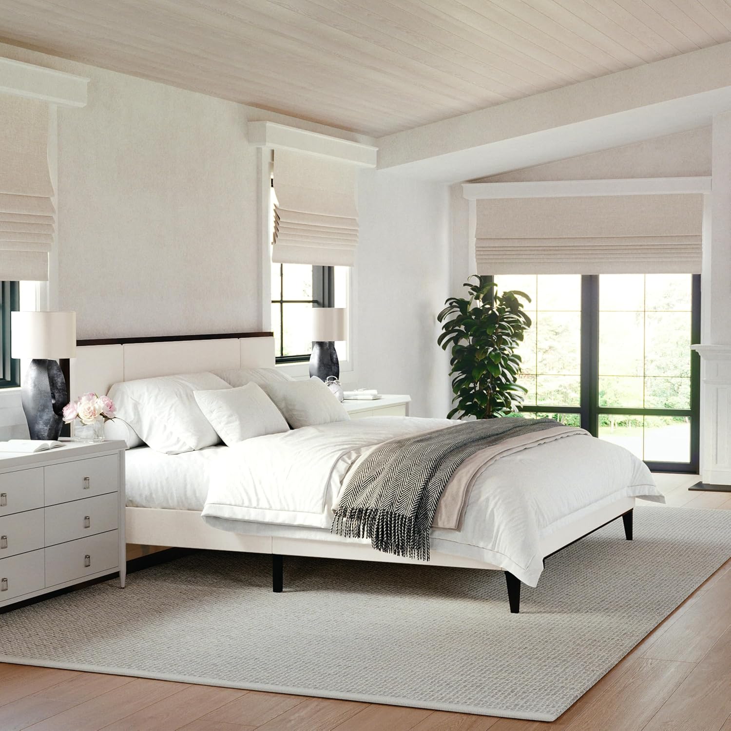 Martha Stewart Jett Platform Bed with Headboard, Fabric Upholstered Inset Headboard and Base, Solid Wood Frame, No Box Spring Needed, King, Dark Brown/Beige