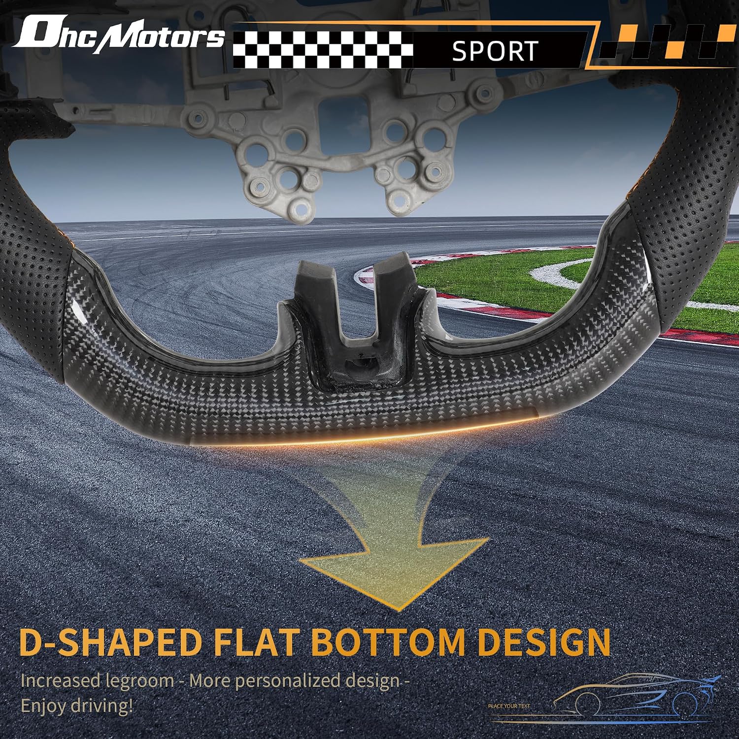 Carbon Fiber Steering Wheel for Ford Mustang 2018-2023 Orange Center Stripe & Stitching D-Shape Steering Wheel with Nappa Perforated Ergonomic Grip for Mustang EcoBoost/GT/V6/Shelby GT350/GT350R