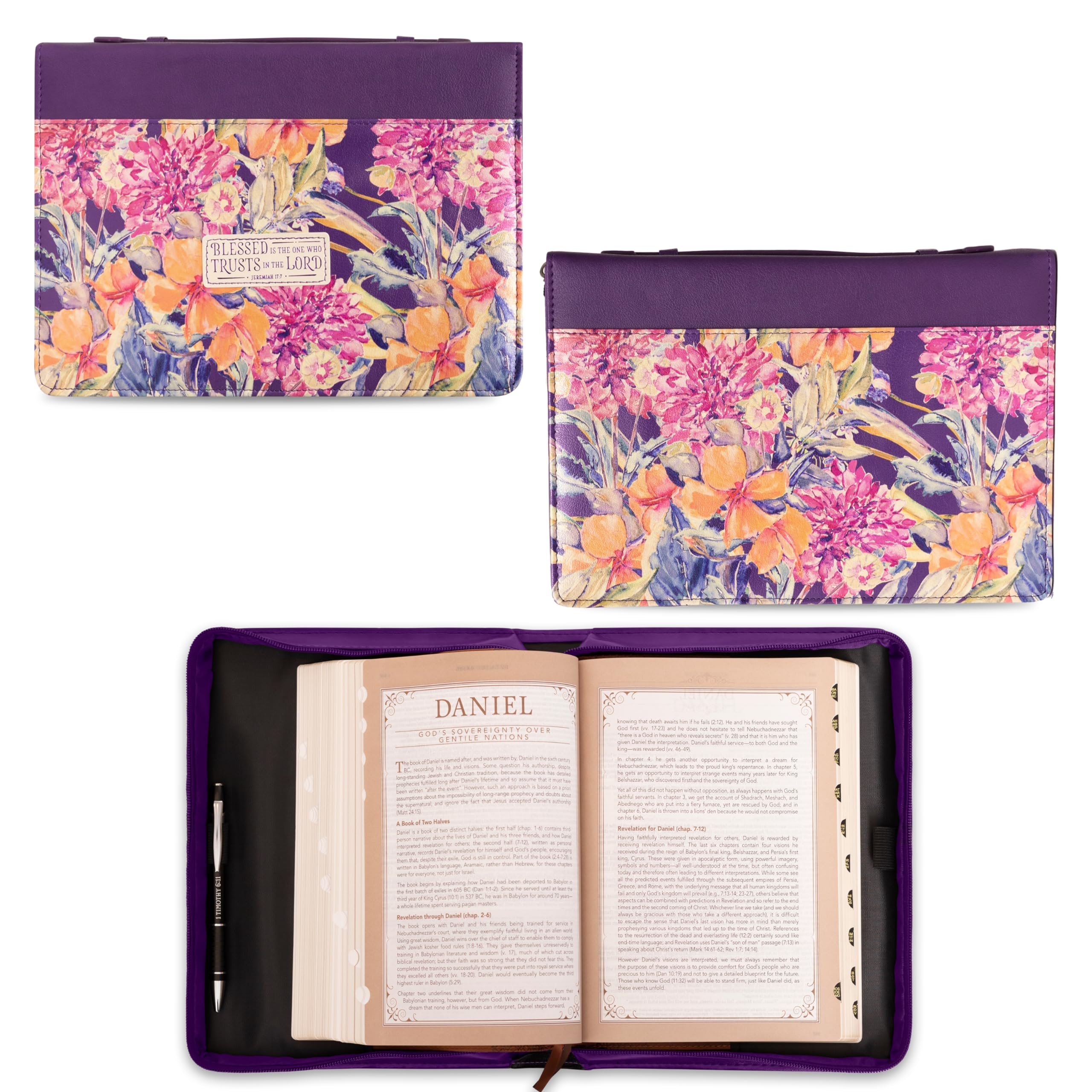 Christian Art Gifts Women's Fashion Bible Cover Blessed is The One Jeremiah 17:7, Purple Floral Faux Leather, Large