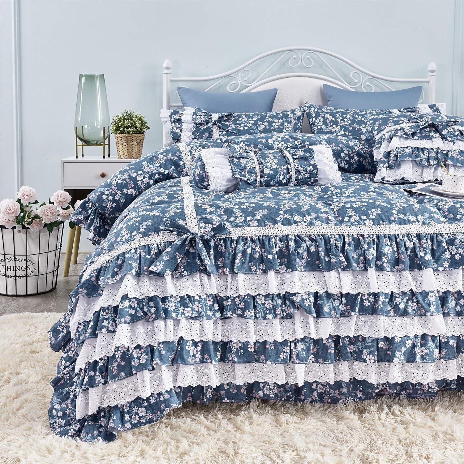 Tор Rаtеd FADFAY Vintage Floral Dovet Cover Set Elegant and Shabby Blue Farmhouse Bedding White Lace and Ruffle Princess Girls Bedding 100% Cotton Ultra Soft Korean Bedding with Bedskirt, Queen Size