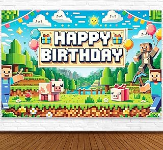 Pixel Backdrop Happy Birthday Banner Boy 6x4ft Miner Bday Sign Villager ...