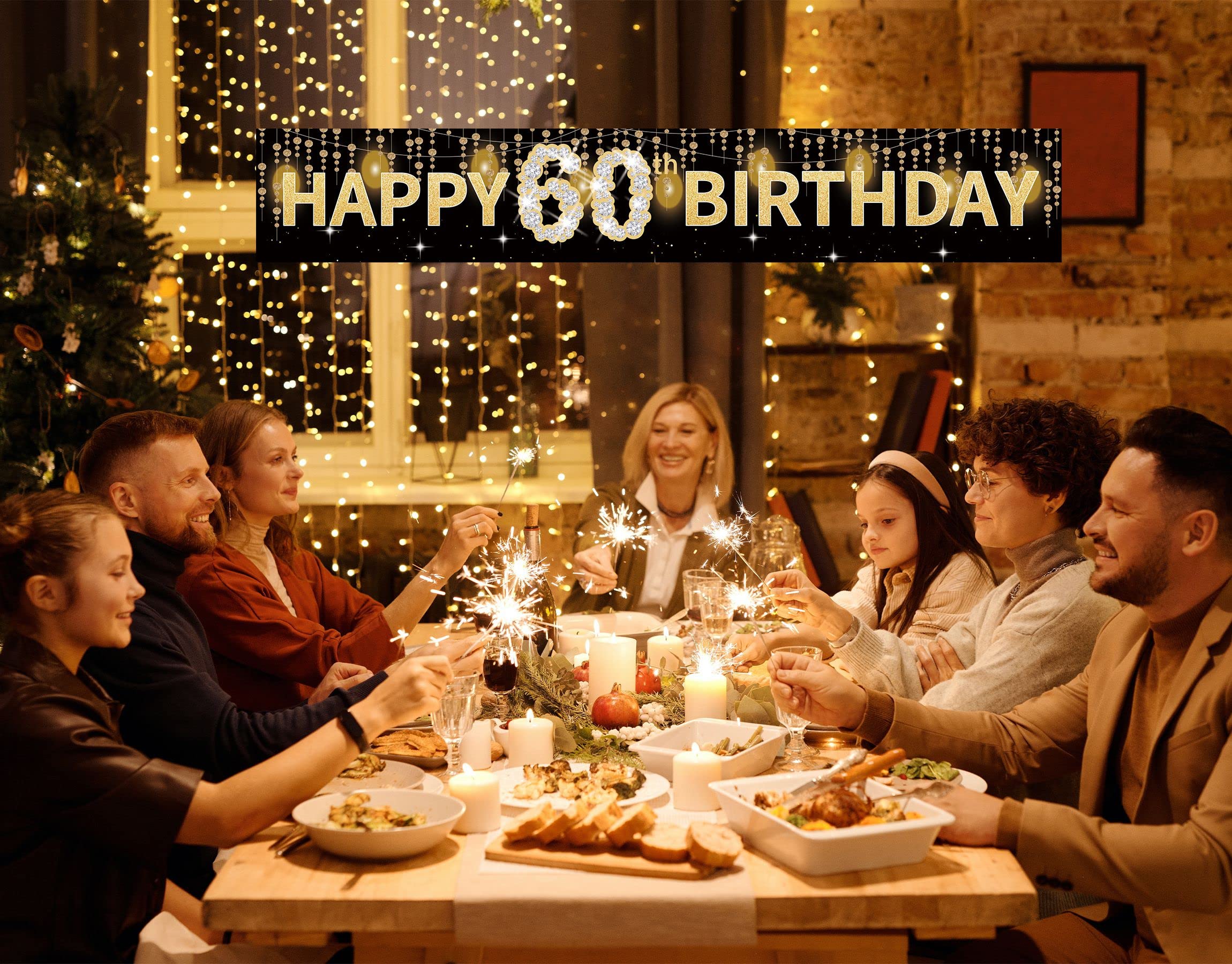 Joyiou Baner 'Happy 60th Birthday' dekoracje dla mężczyzn i kobiet, złoty 60-letni prezent na przyjęcie urodzinowe, dekoracja z okazji sześćdziesięciu urodzin na zewnątrz i wewnątrz, 3 x 0,5 m