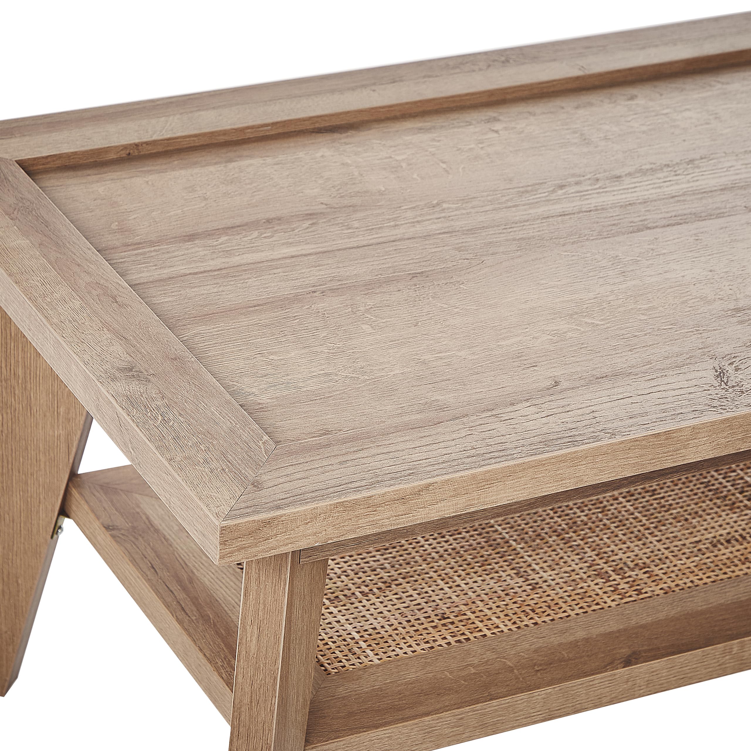 Beliani Couchtisch Heller Holzfarbton mit Ablage Rattan rechteckig 100 x 50 cm Simla