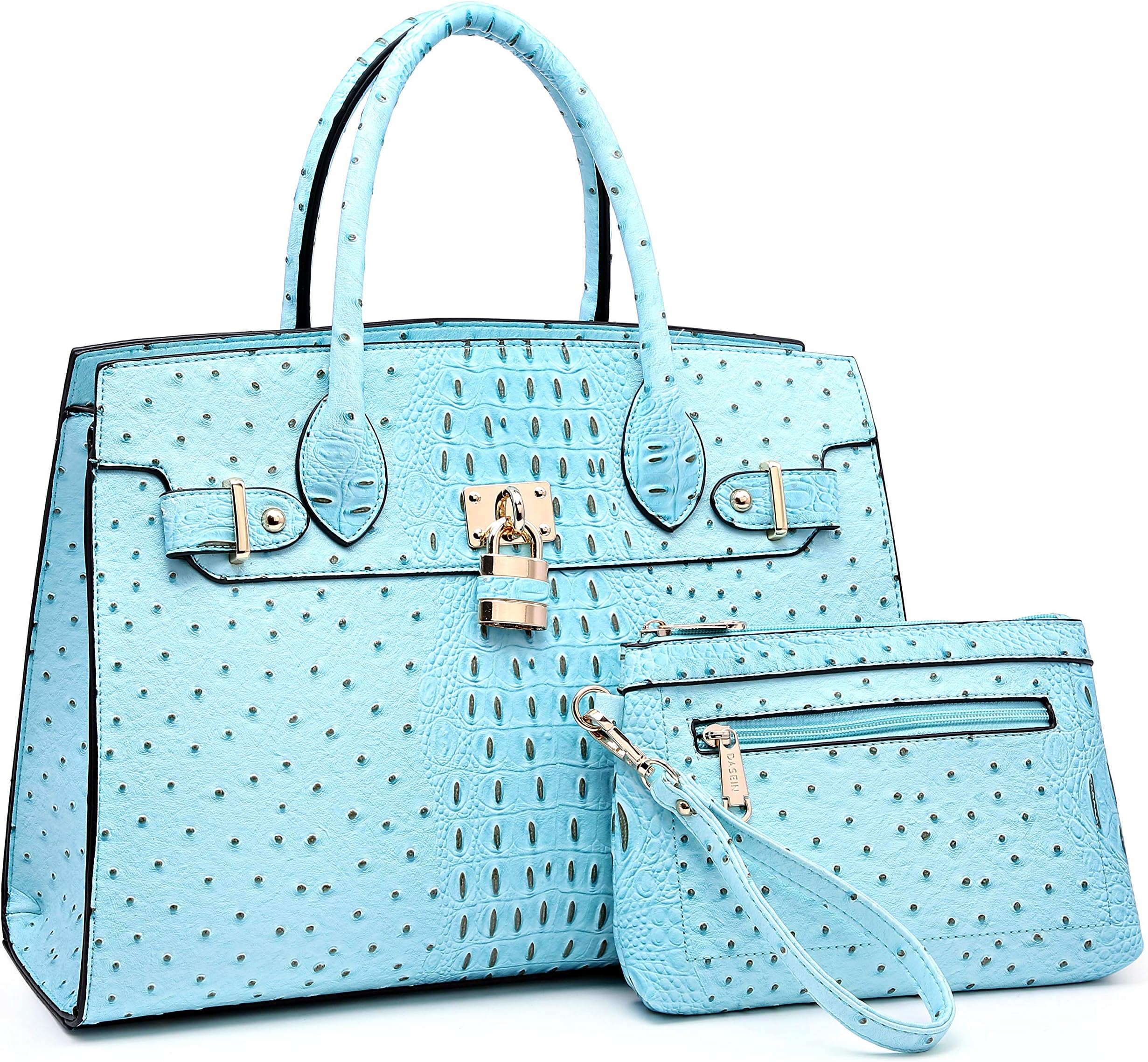 Women Ostrich Purses and Handbags Ladies Tote Shoulder Bags Top handle Satchel with Pouch 2pcs (Turquoise)