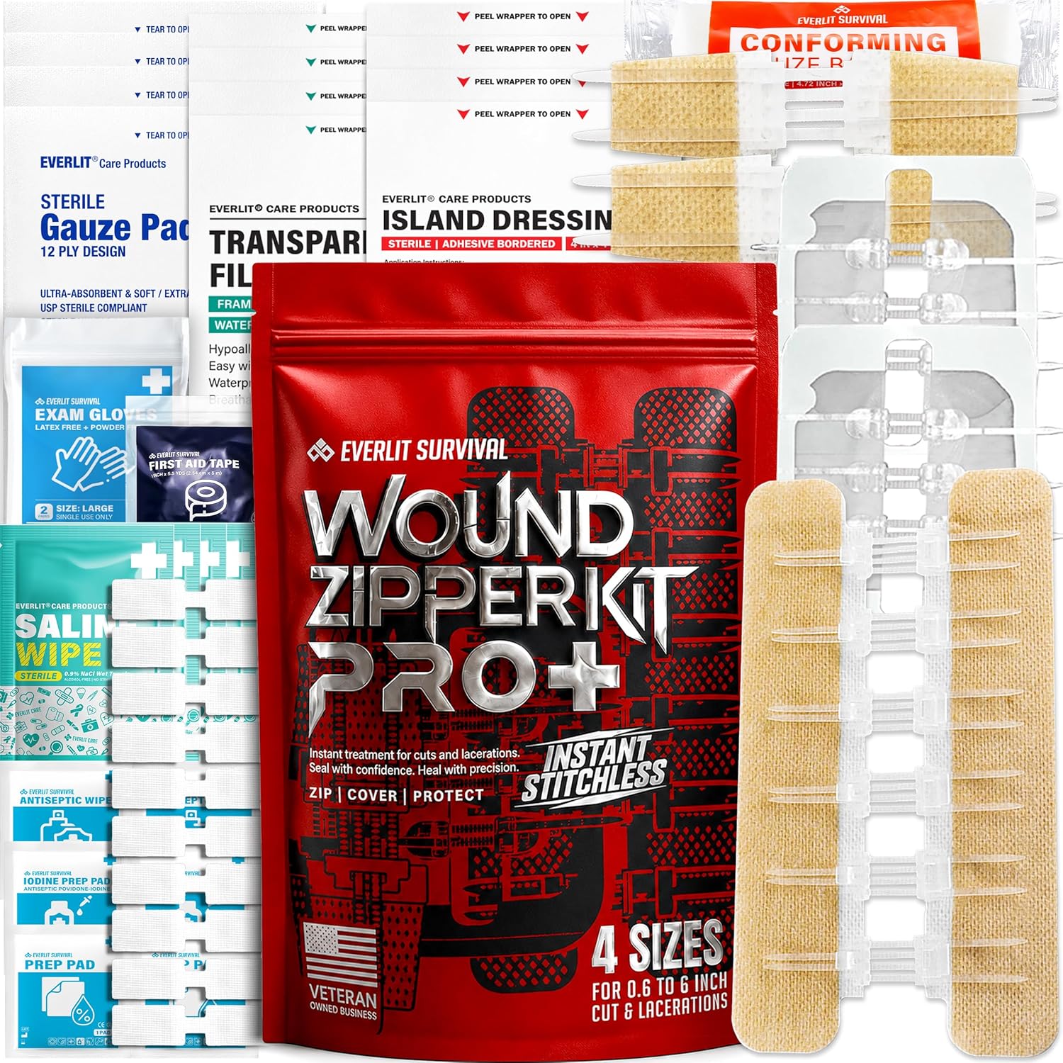 EVERLIT Wound Closure Kit | Surgical Zip-Stitch Devices for Cut & Laceration | Sterile, Suture-Free, Stitch-Less Adhesive Butterfly Bandages for Emergency First Aid Wound Care (Ultimate Pro+ Kit)