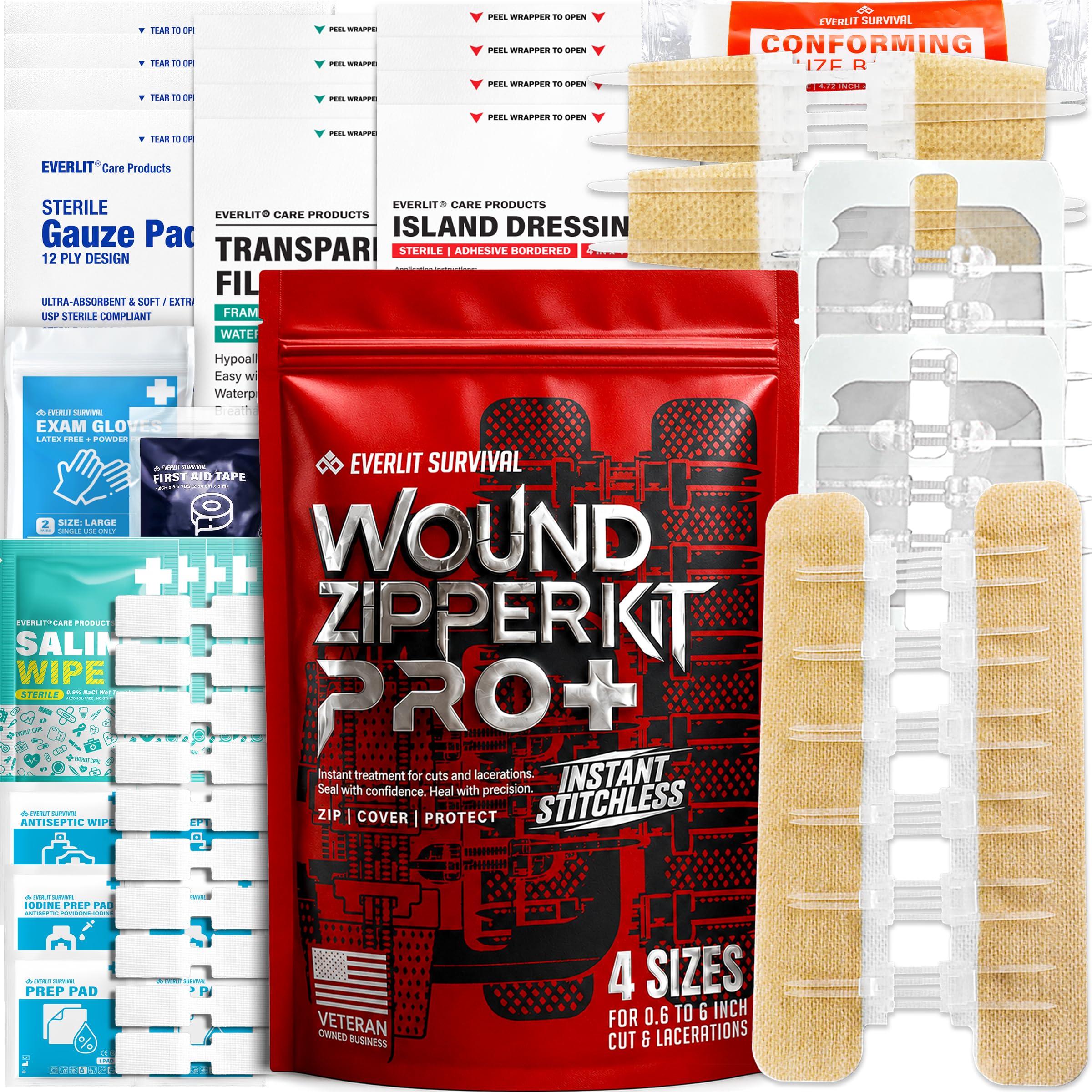 EVERLIT Wound Closure Kit | Surgical Zip-Stitch Devices for Cut &amp; Laceration | Sterile, Suture-Free, Stitch-Less Adhesive Butterfly Bandages for Emergency First Aid Wound Care (Ultimate Pro+ Kit)