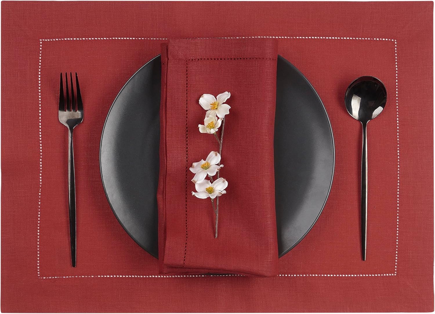 D'Moksha Homes Red Linen Placemats Set of 4 - Classic Hemstitch Placemats 14 x 19 Inch - 100% Pure Linen Table Mats for Mothers Day, Spring - Handcrafted and Machine Washable - Image 3