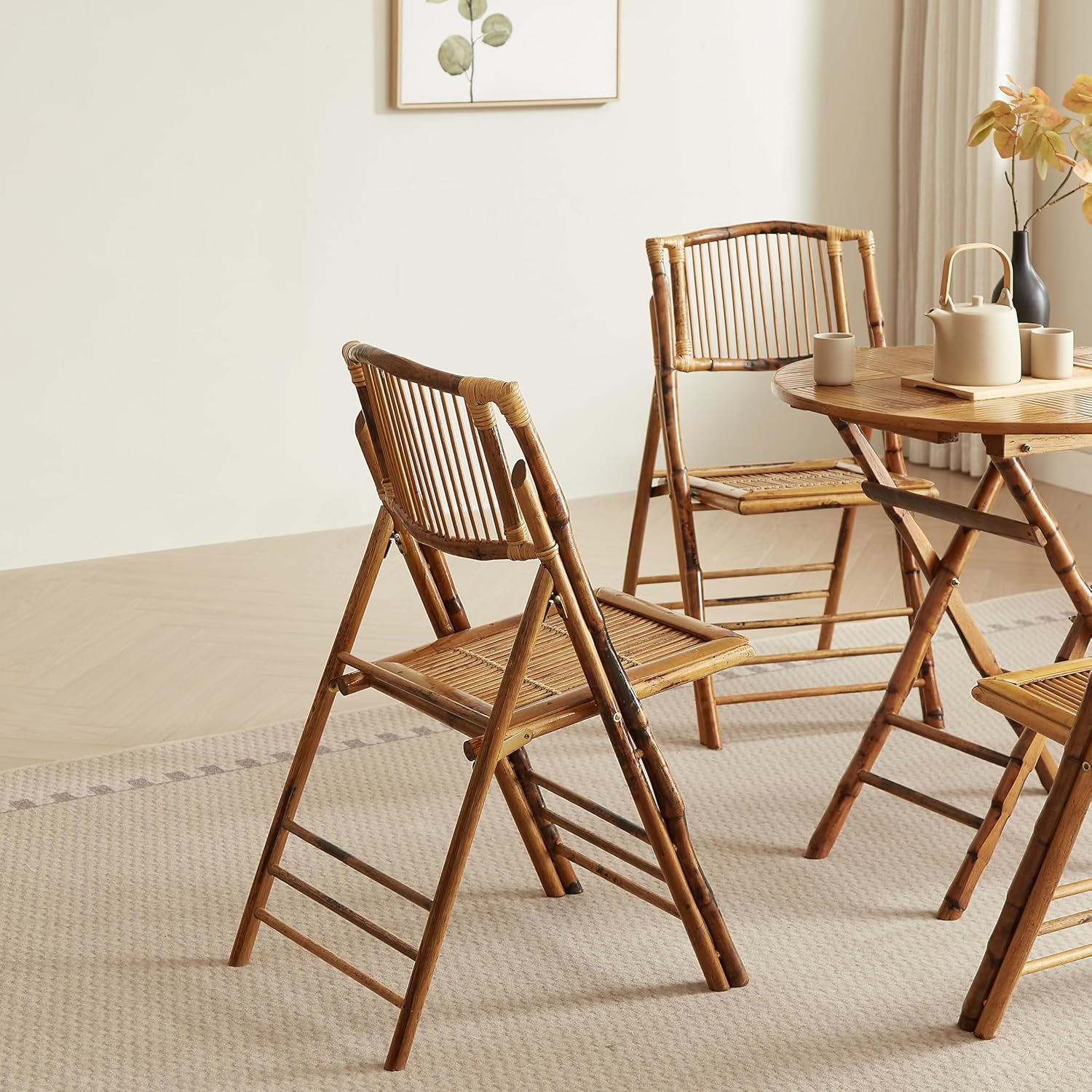 Vintage Bamboo Rattan Folding Dinging Chair - Portable Lightweight Retro Seat for Indoor, Outdoor, Patio, Wedding, Office, and Events (1, Brown, Oversized)