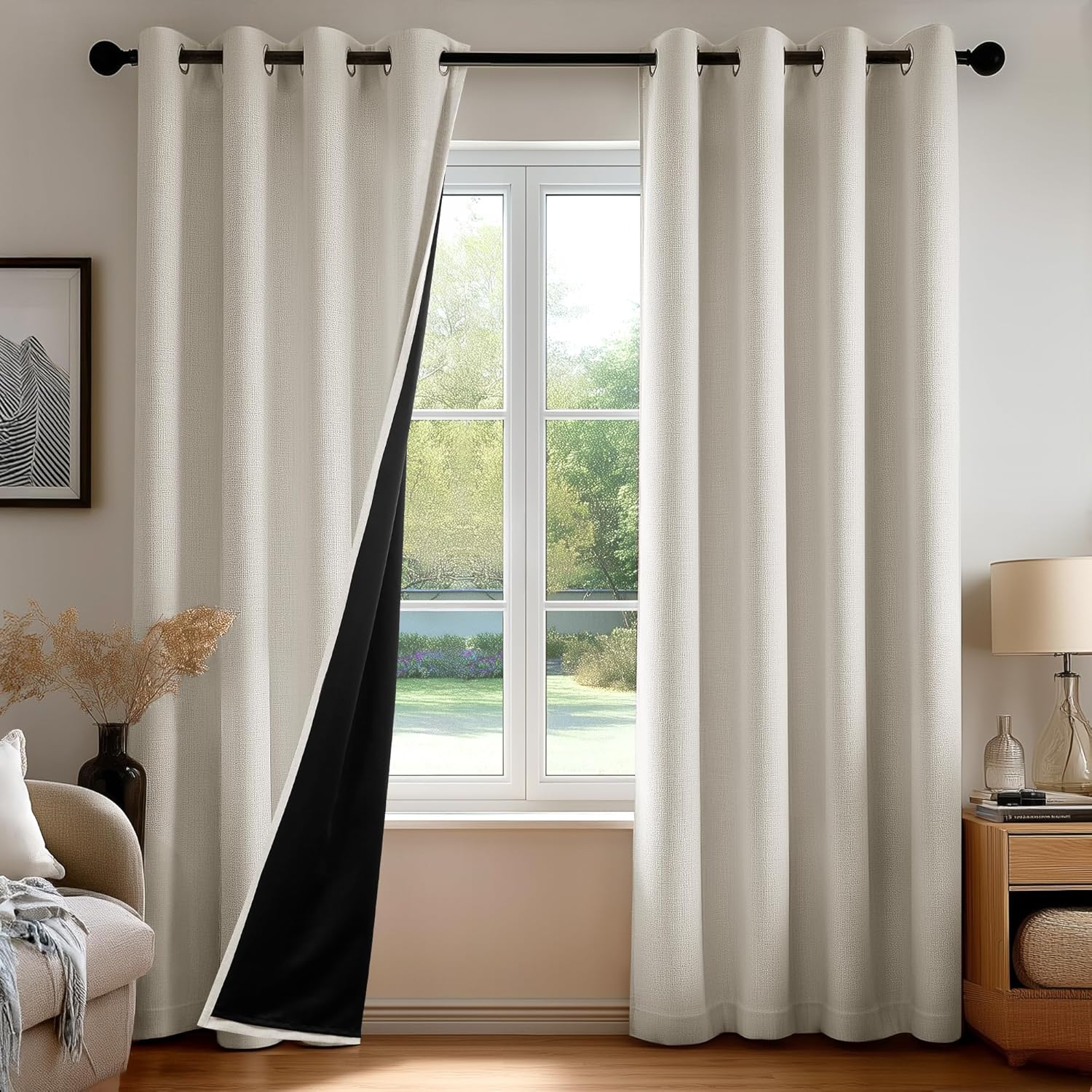 Deconovo Blackout Curtains Grommet, Faux Linen Room Darkening Thermal Drapes for Bedroom & Living Room, (52" W x 84" L (Pack of 2), Natural)