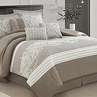 Vista 1 de Taupe Comforter Set, King, Damask Jacquard with Matching Solid Piece Work, 7 Piece Soft Bedding Set for All Season, Bed Skirt, Pillow Shams and