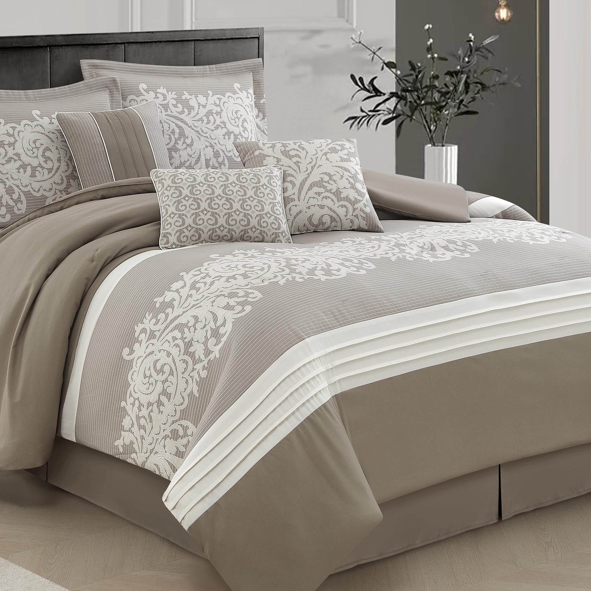 LANCO MODERN LIFESTYLE Taupe Comforter Set, King, Damask Jacquard with Matching Solid Piece Work, 7 Piece Soft Bedding Set for All Season, Bed Skirt,