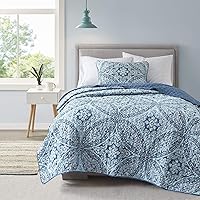 Comfort Spaces Gloria Reversible Quilt Set Twin XL - Aqua Damask Vermicelli Stitching, Lightweight All-Season Coverlet with Sham